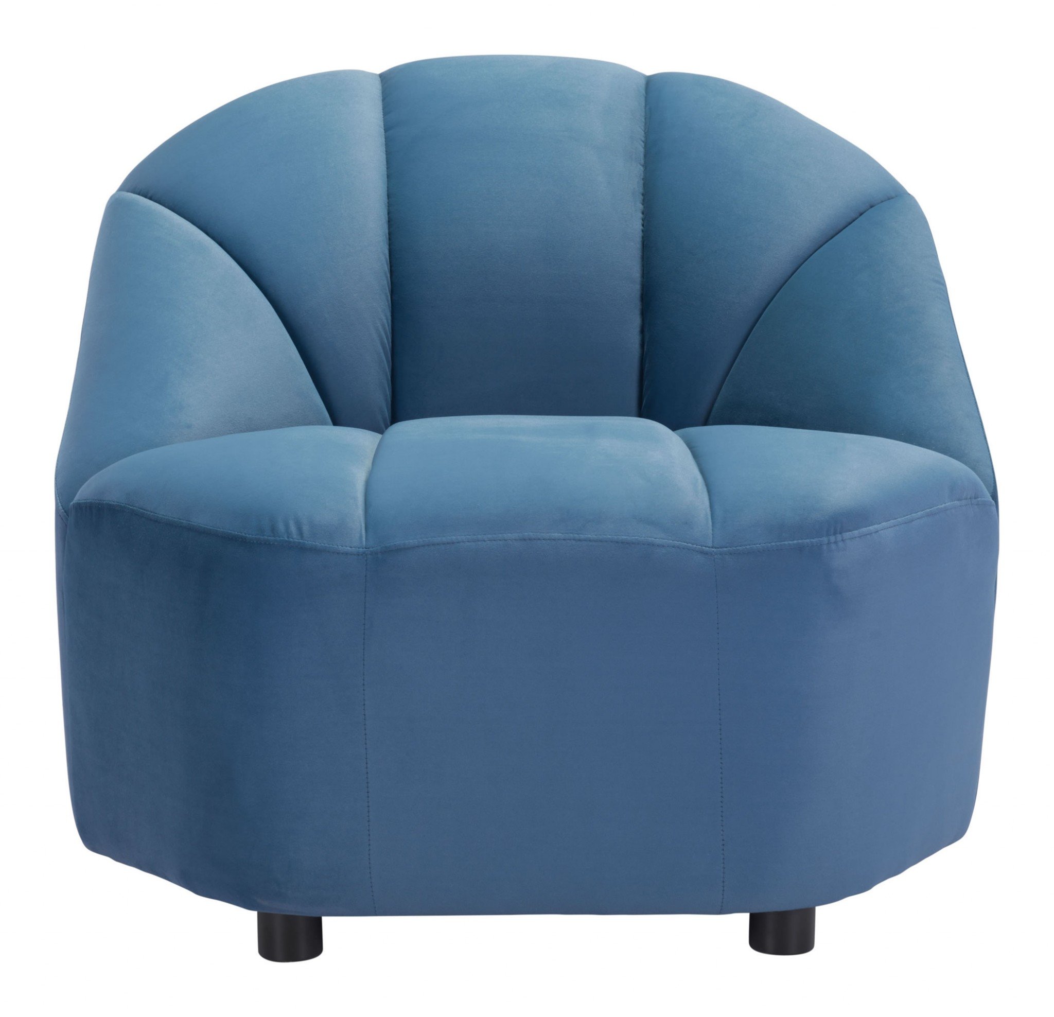 A modern dark blue velvet chair with vertical channels, featuring an armless design and deep seat, perfect for cozy living spaces.