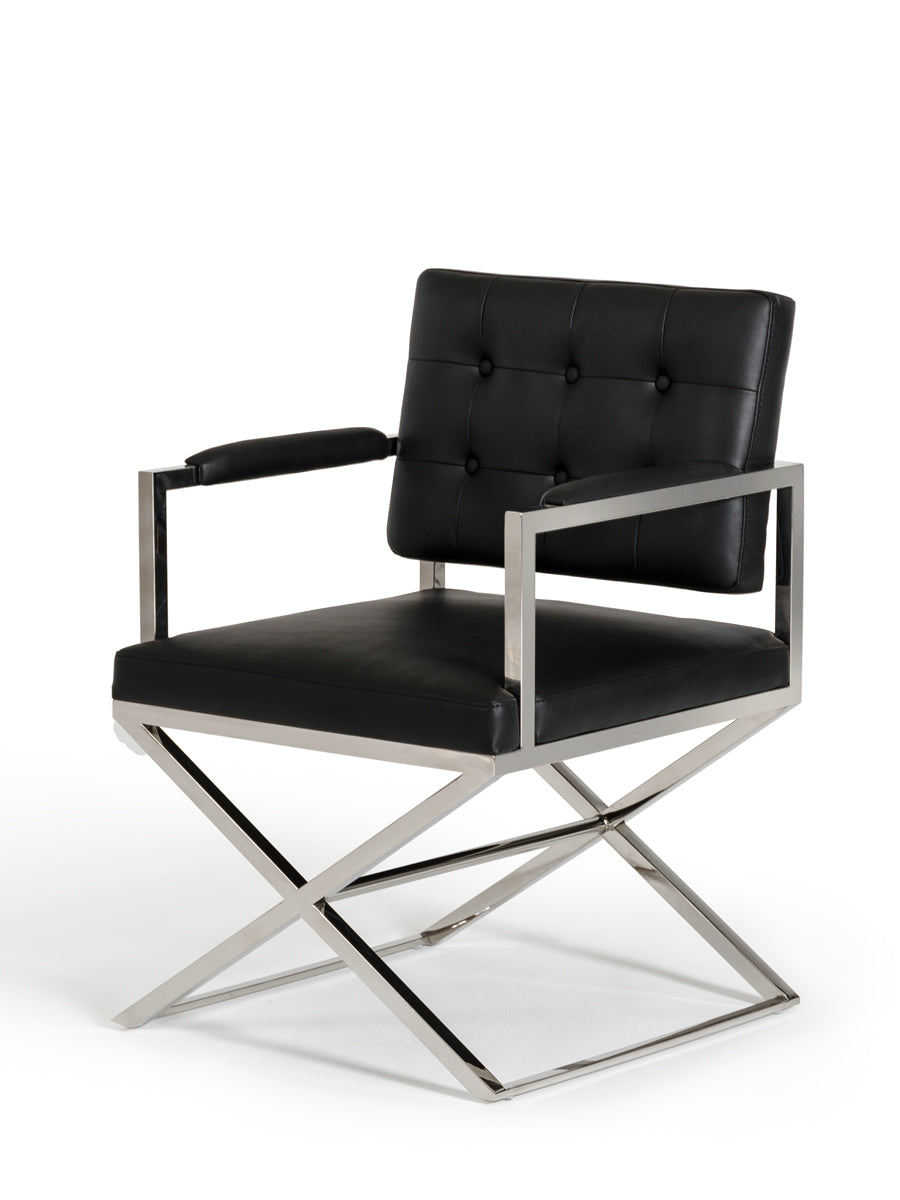 A stylish 35-inch black leatherette dining chair with stainless steel legs, showcasing modern design and comfort.