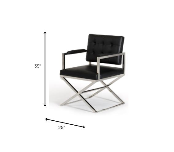 A stylish 35-inch black leatherette dining chair with stainless steel legs, showcasing modern design and comfort.