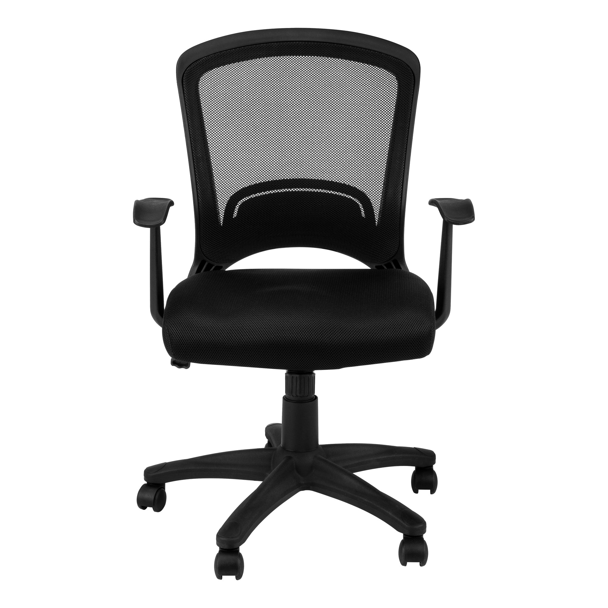 A stylish 35.5 inches multi-position office chair made of foam, MDF, polypropylene, and metal, featuring a sleek black design and five castors for mobility.