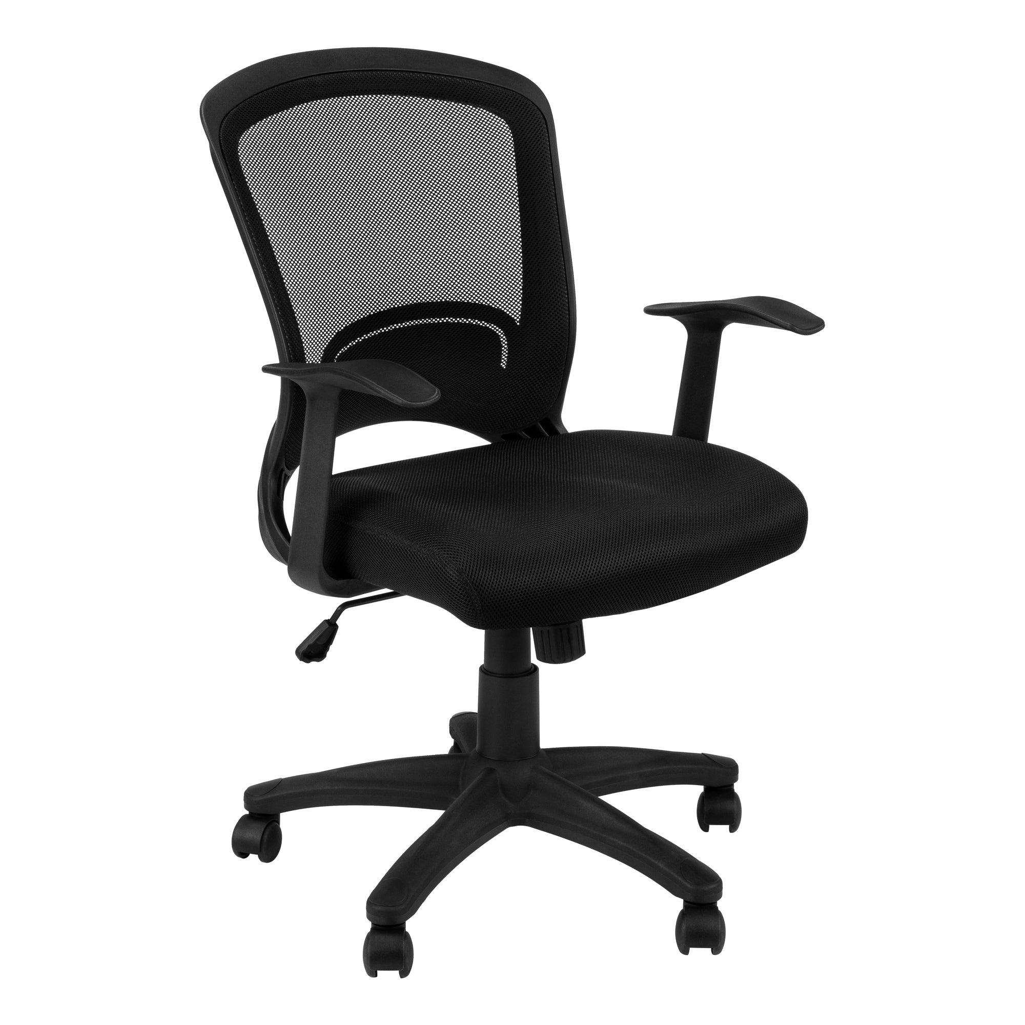 A stylish 35.5 inches multi-position office chair made of foam, MDF, polypropylene, and metal, featuring a sleek black design and five castors for mobility.