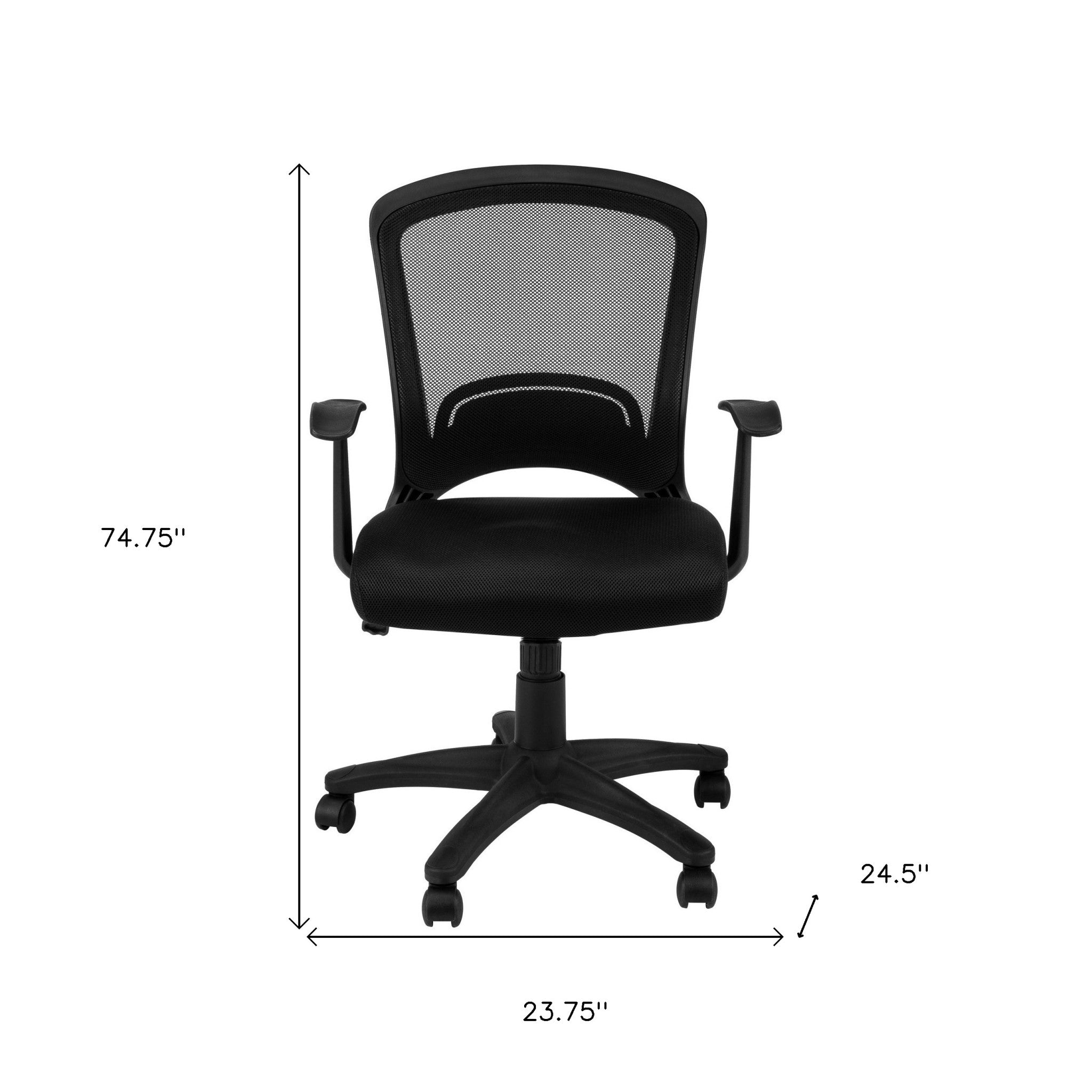 A stylish 35.5 inches multi-position office chair made of foam, MDF, polypropylene, and metal, featuring a sleek black design and five castors for mobility.