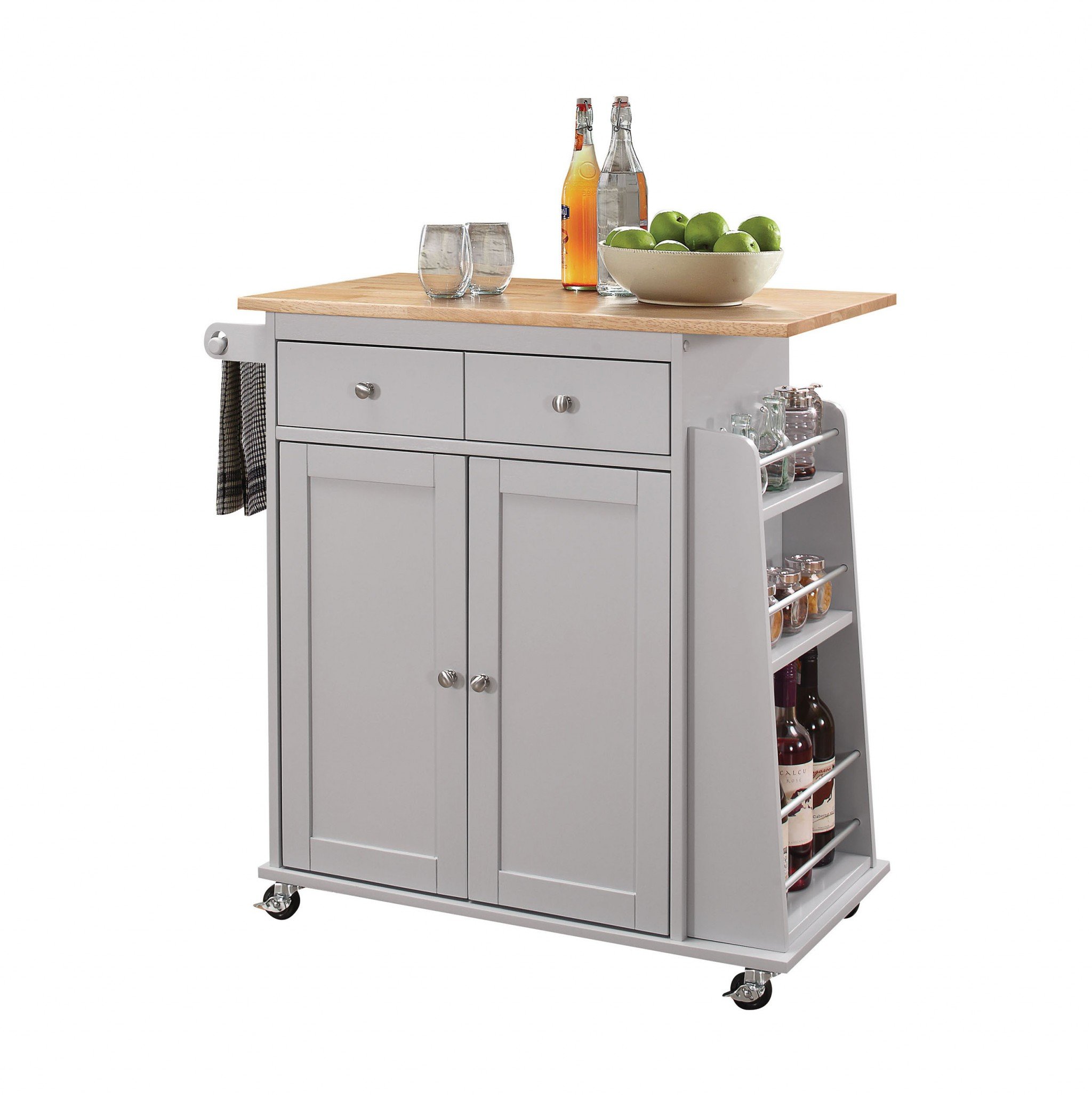 Elegant 35x18x34 inches natural and gray rubber wood kitchen cart with wine rack and drawers, perfect for enhancing kitchen space.