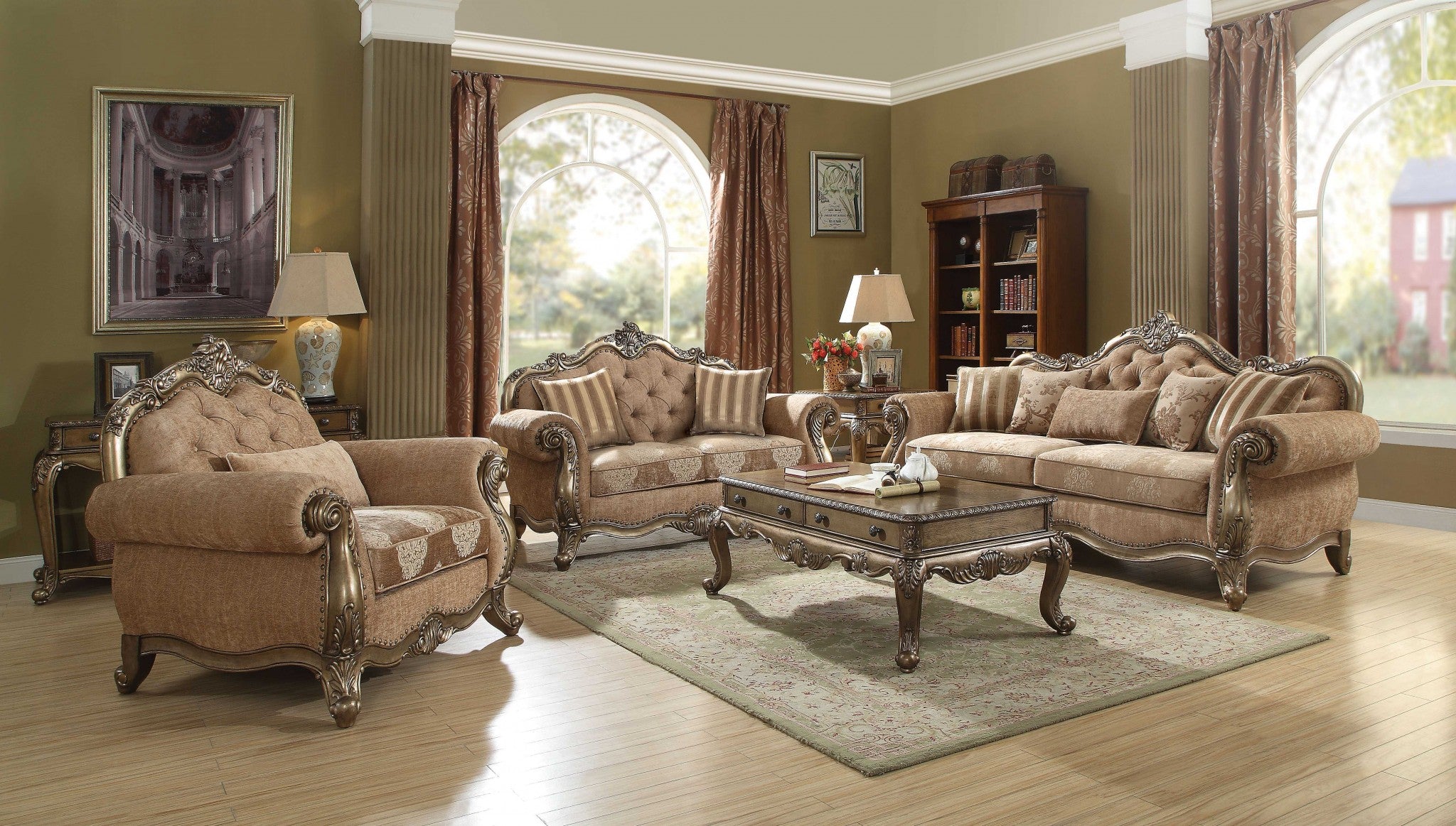 A vintage oak upholstered chair with decorative pillows, featuring a button tufted backrest and ornate trim, perfect for living room decor.