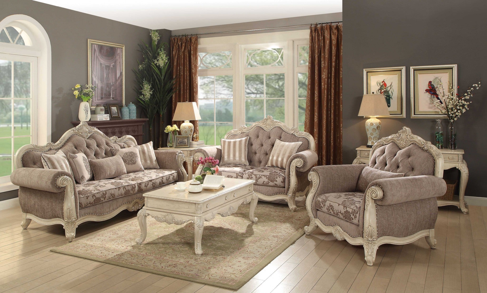 A luxurious vintage oak upholstery sofa with decorative pillows, featuring a button tufted backrest and elegant scrollwork trim.