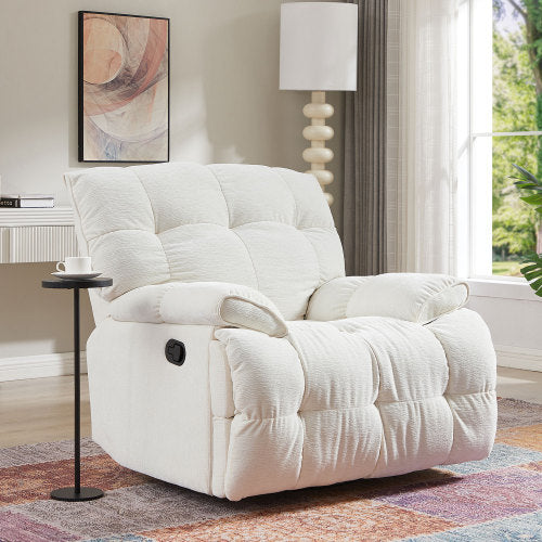 A stylish 360 Degree Swivel Fabric Single Sofa Heavy Duty Reclining Chair with overstuffed plaid backrest and padded armrests, perfect for living rooms.