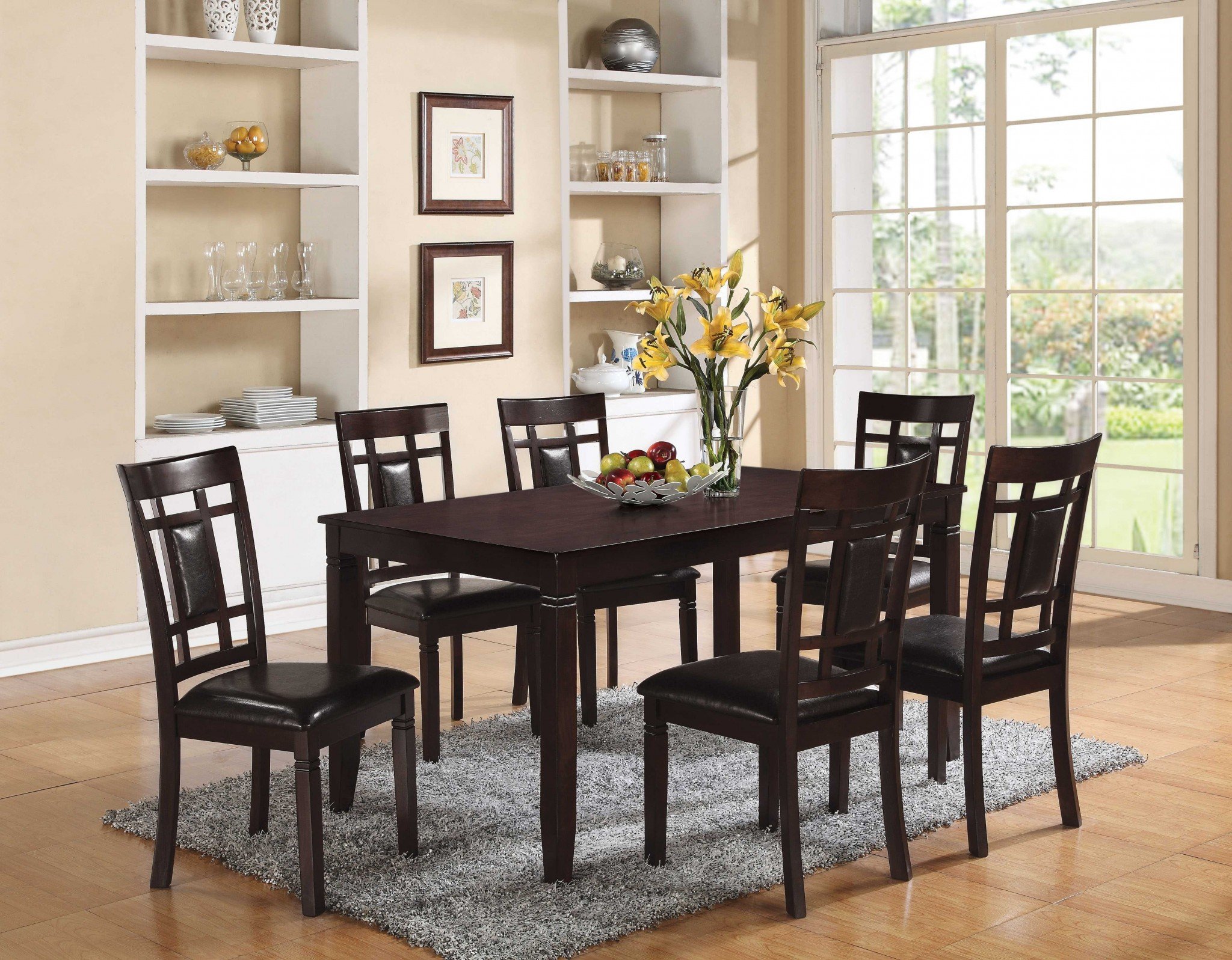 7-piece espresso PU dining set featuring a stylish espresso veneer tabletop and luxurious upholstered chairs.