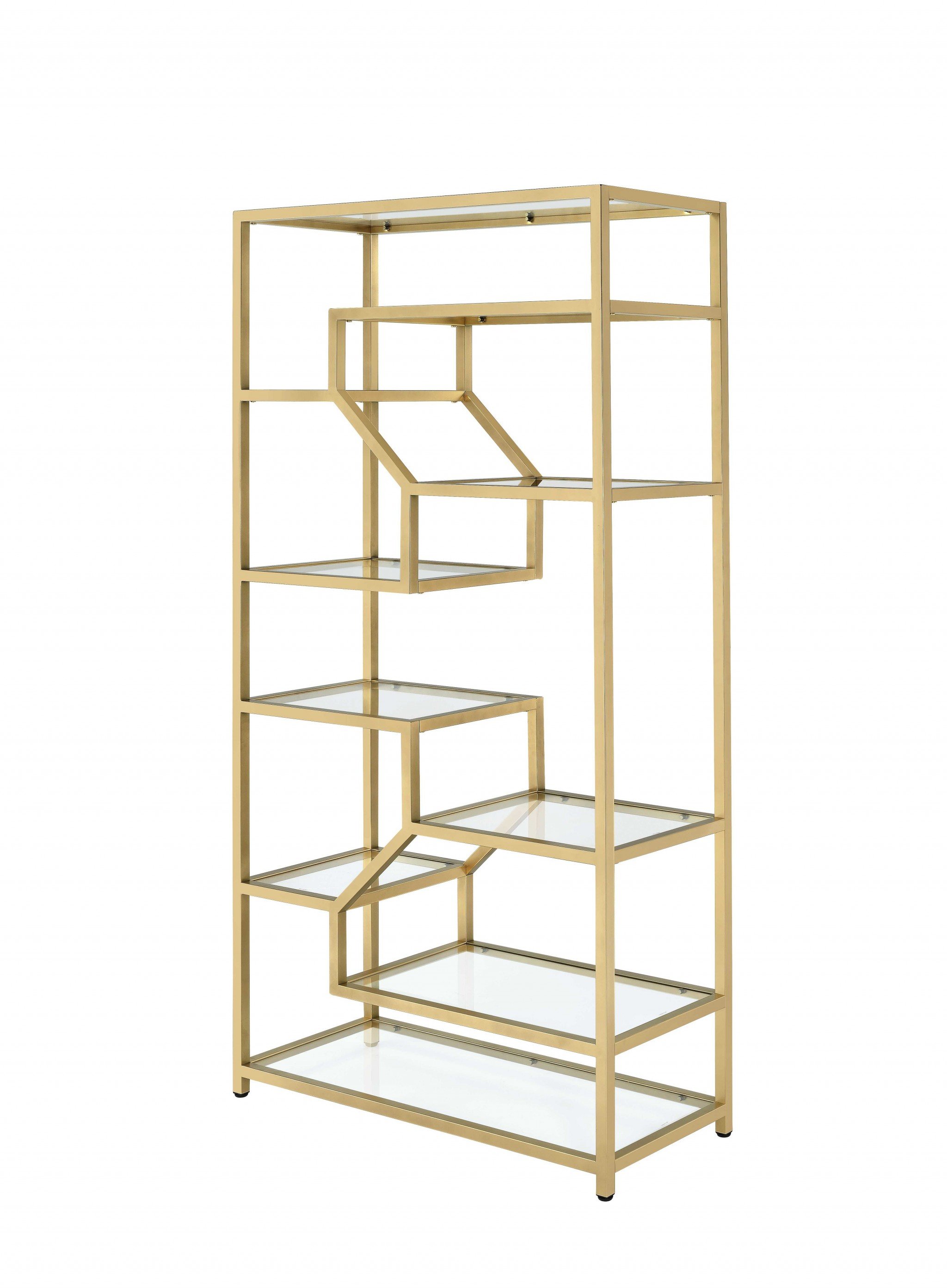 A stylish 38x16x71 inches clear glass and gold bookcase featuring ten tempered glass shelves and a gold metal frame, perfect for home decor.