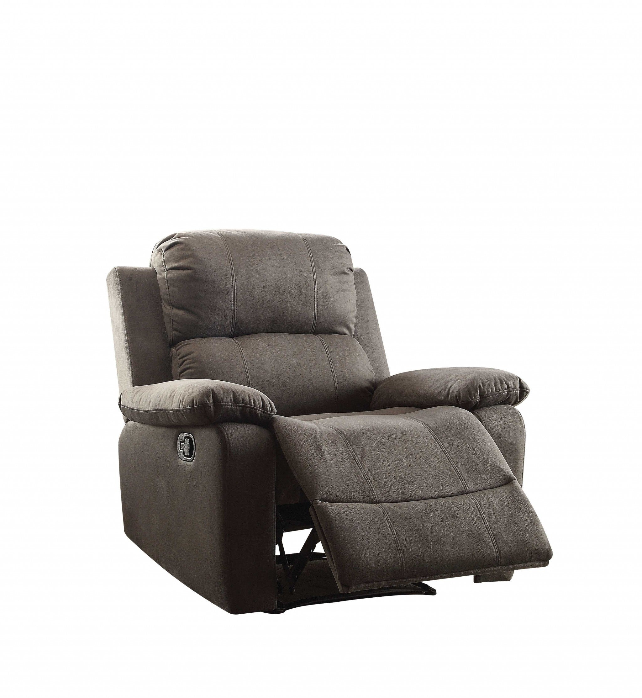 A stylish brown polished microfiber fabric recliner with a contemporary design, featuring a back motion reclining mechanism and arm pillow top.