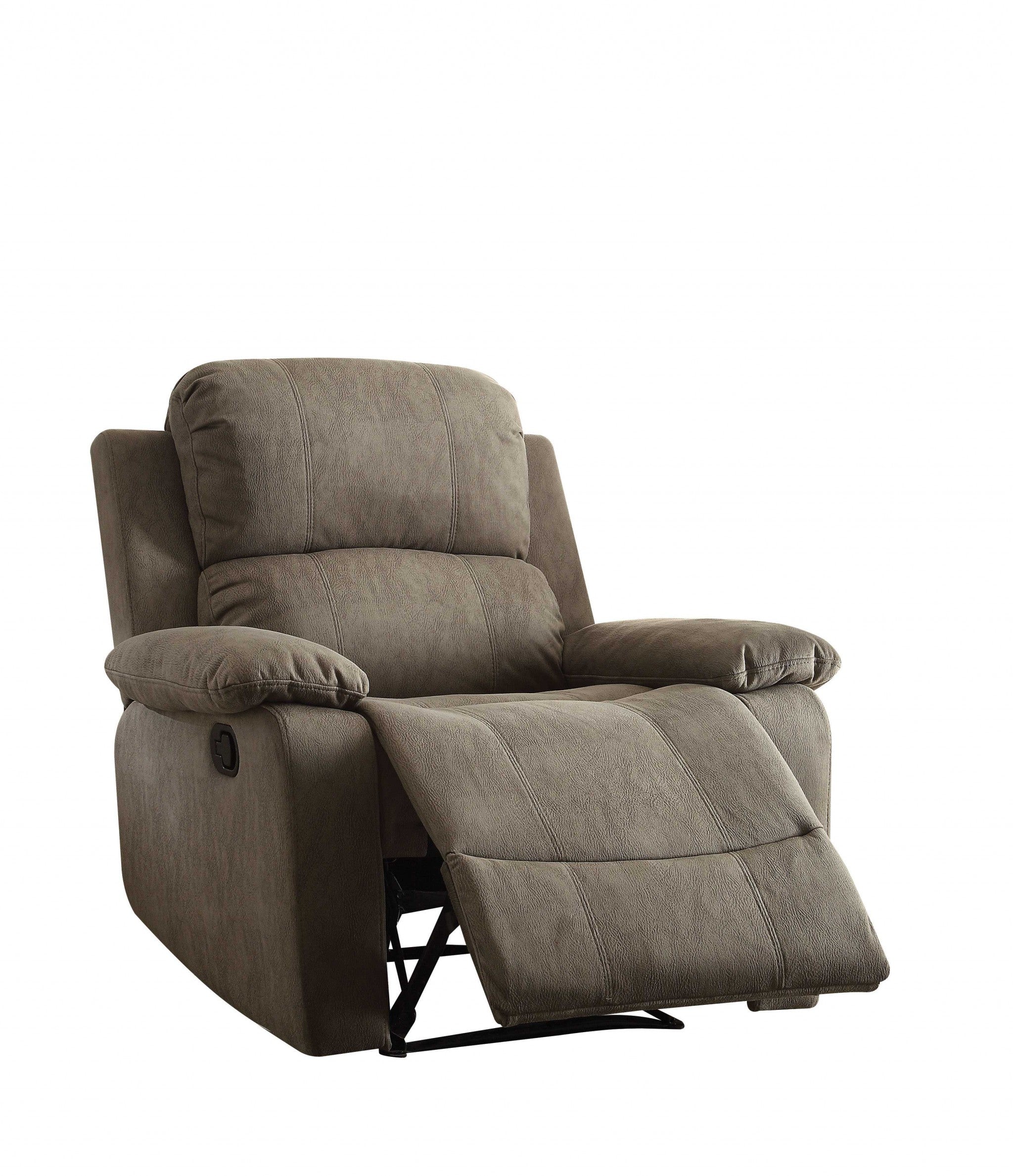 A stylish brown polished microfiber fabric recliner with a contemporary design, featuring a back motion reclining mechanism and arm pillow top.