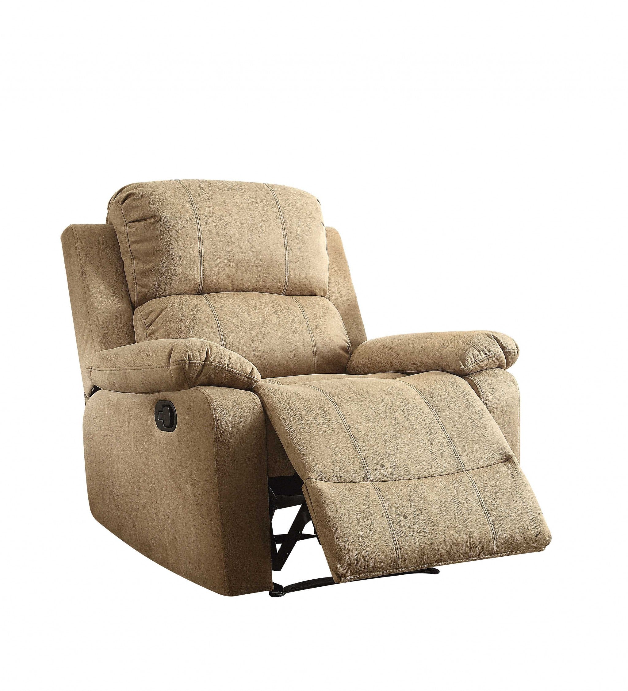 A stylish brown polished microfiber fabric recliner with a contemporary design, featuring a back motion reclining mechanism and arm pillow top.