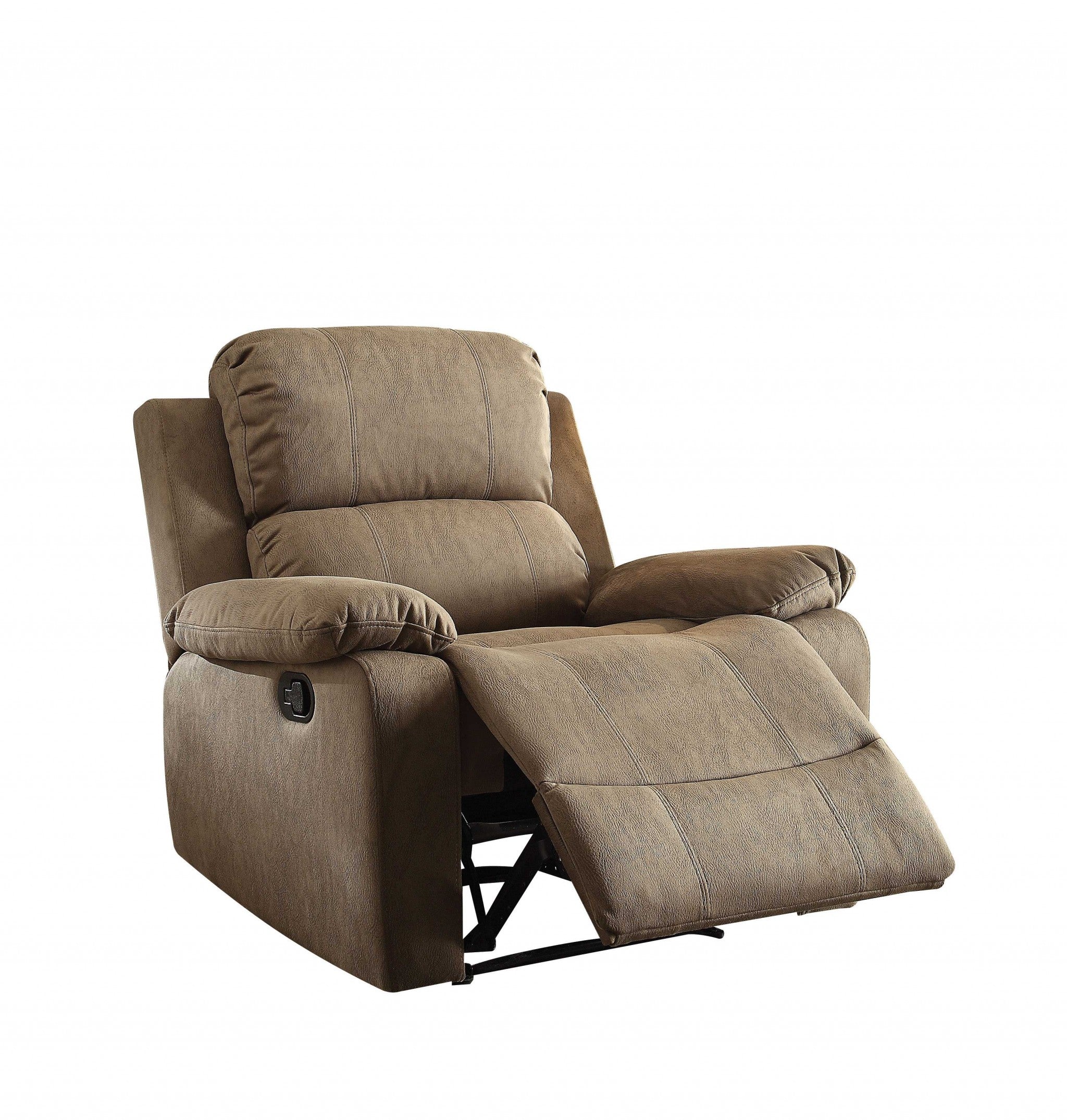 A stylish brown polished microfiber fabric recliner with a contemporary design, featuring a back motion reclining mechanism and arm pillow top.