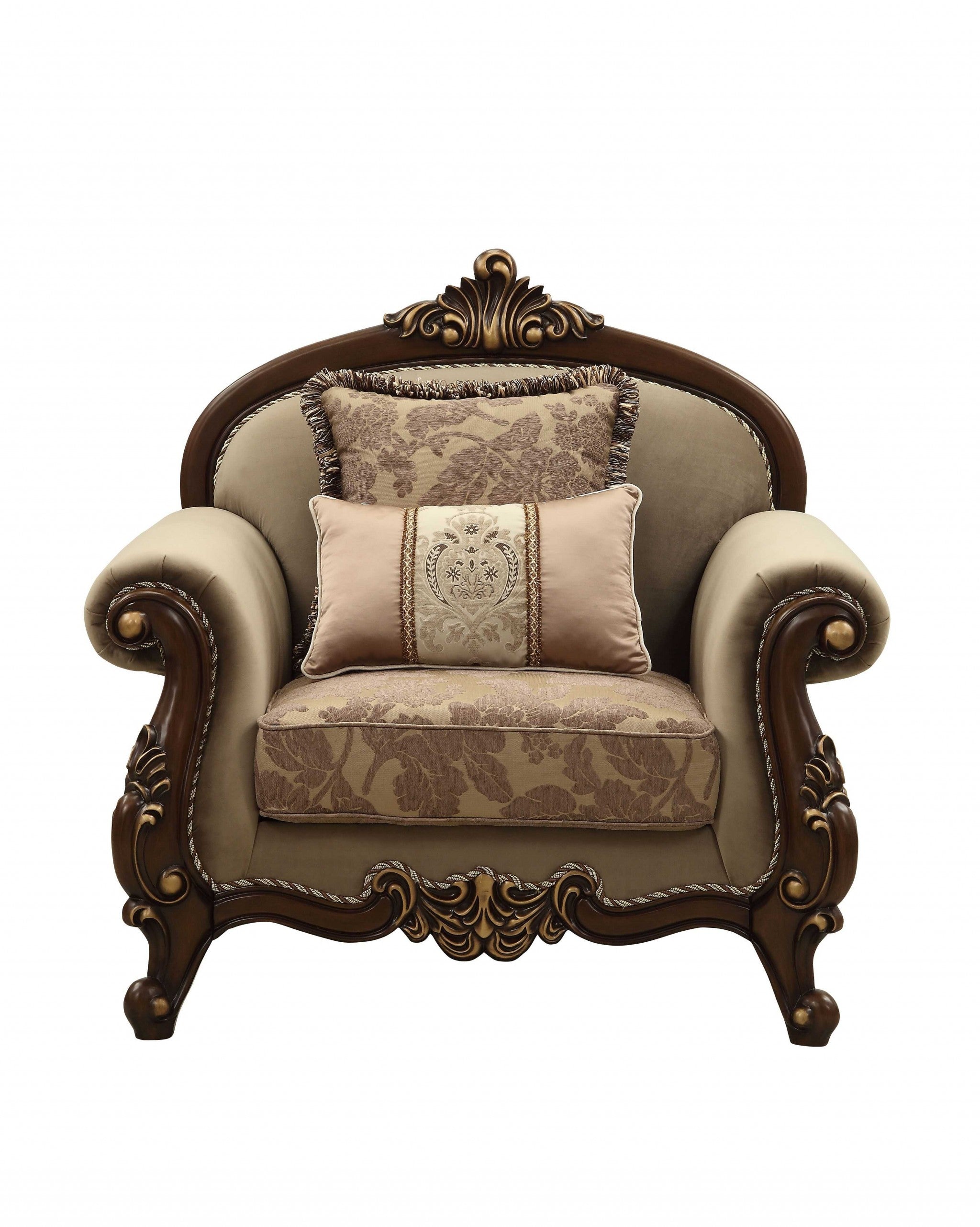 Elegant 38x49x45 inches fabric walnut upholstery chair with solid wood legs and toss pillows, perfect for living rooms.