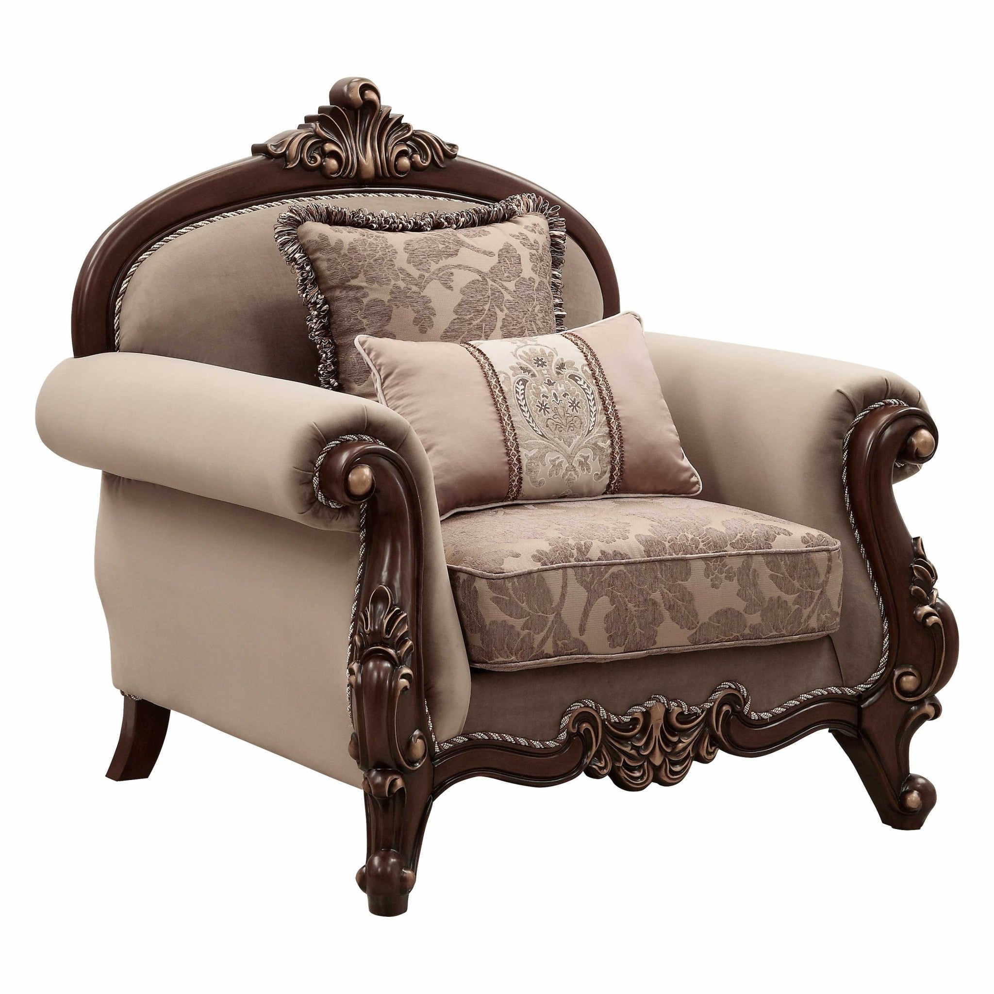 Elegant 38x49x45 inches fabric walnut upholstery chair with solid wood legs and toss pillows, perfect for living rooms.