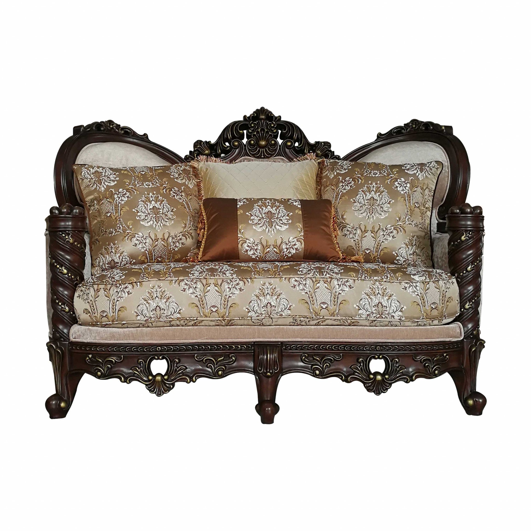 Elegant dark walnut upholstery loveseat with traditional design and four plush pillows, perfect for living room decor.