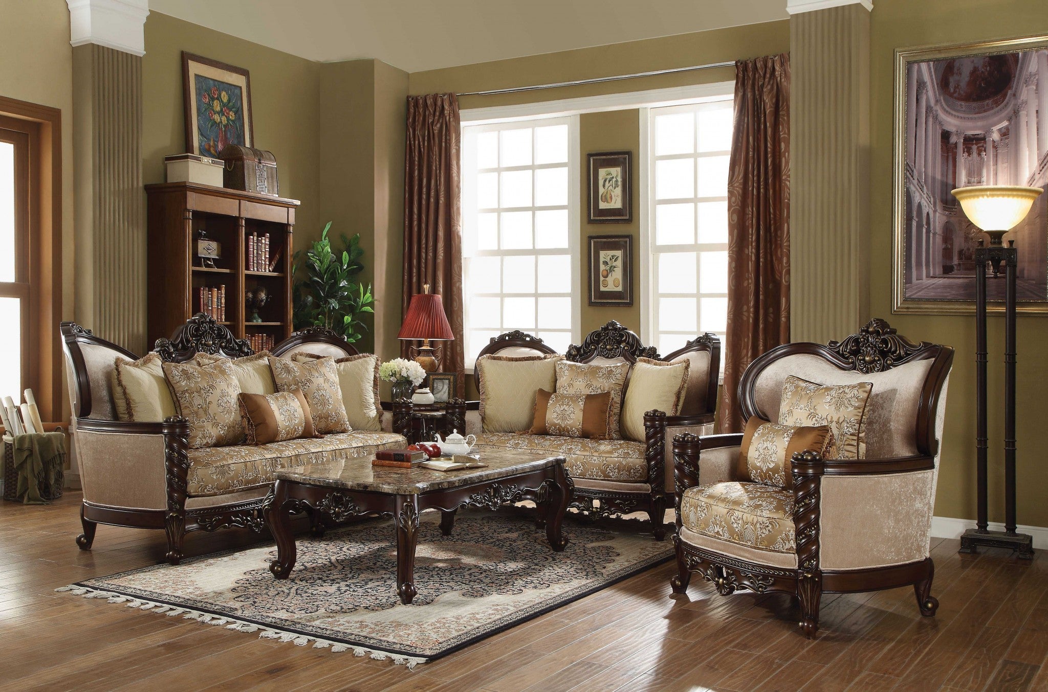 Elegant dark walnut upholstery loveseat with traditional design and four plush pillows, perfect for living room decor.