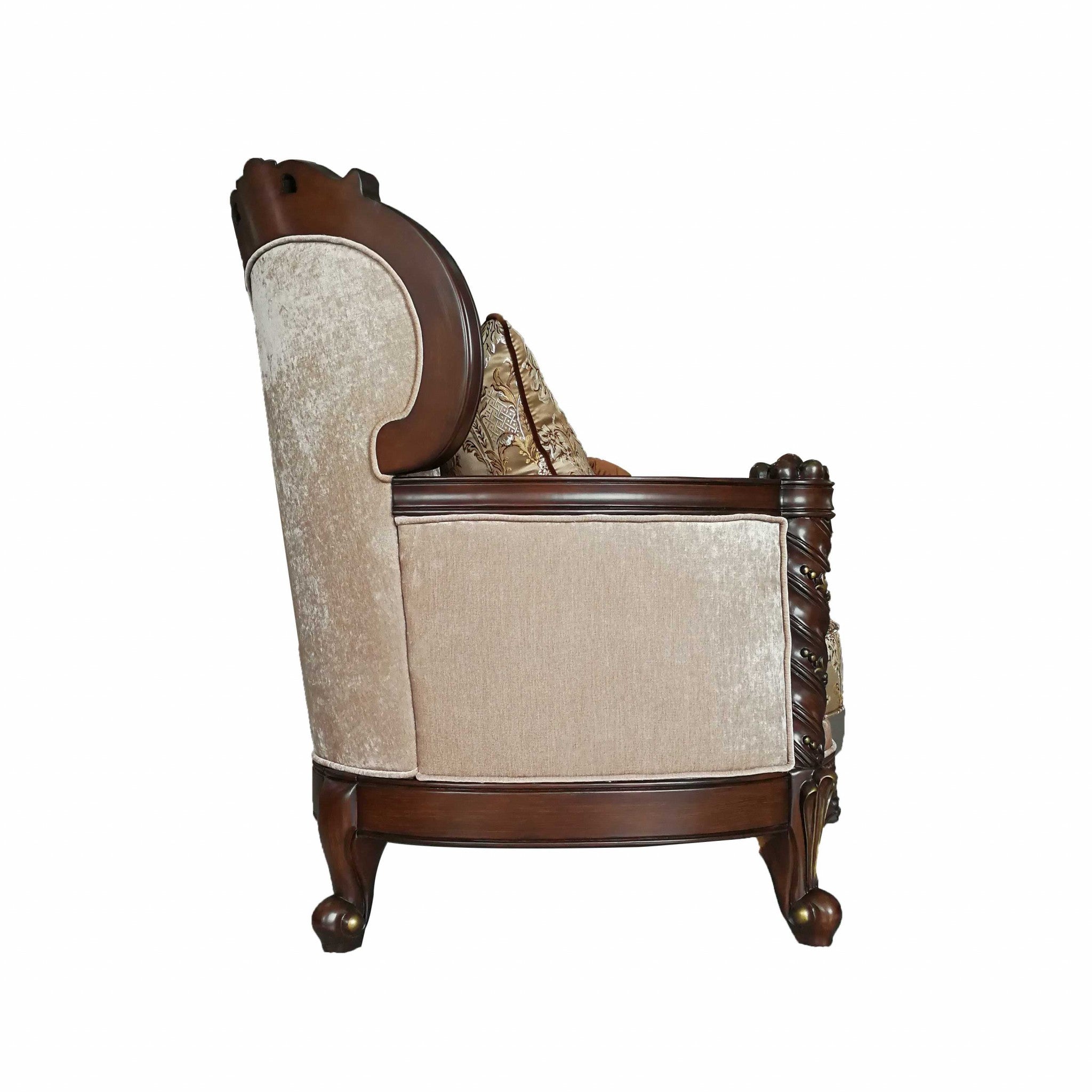 Elegant dark walnut upholstery loveseat with traditional design and four plush pillows, perfect for living room decor.