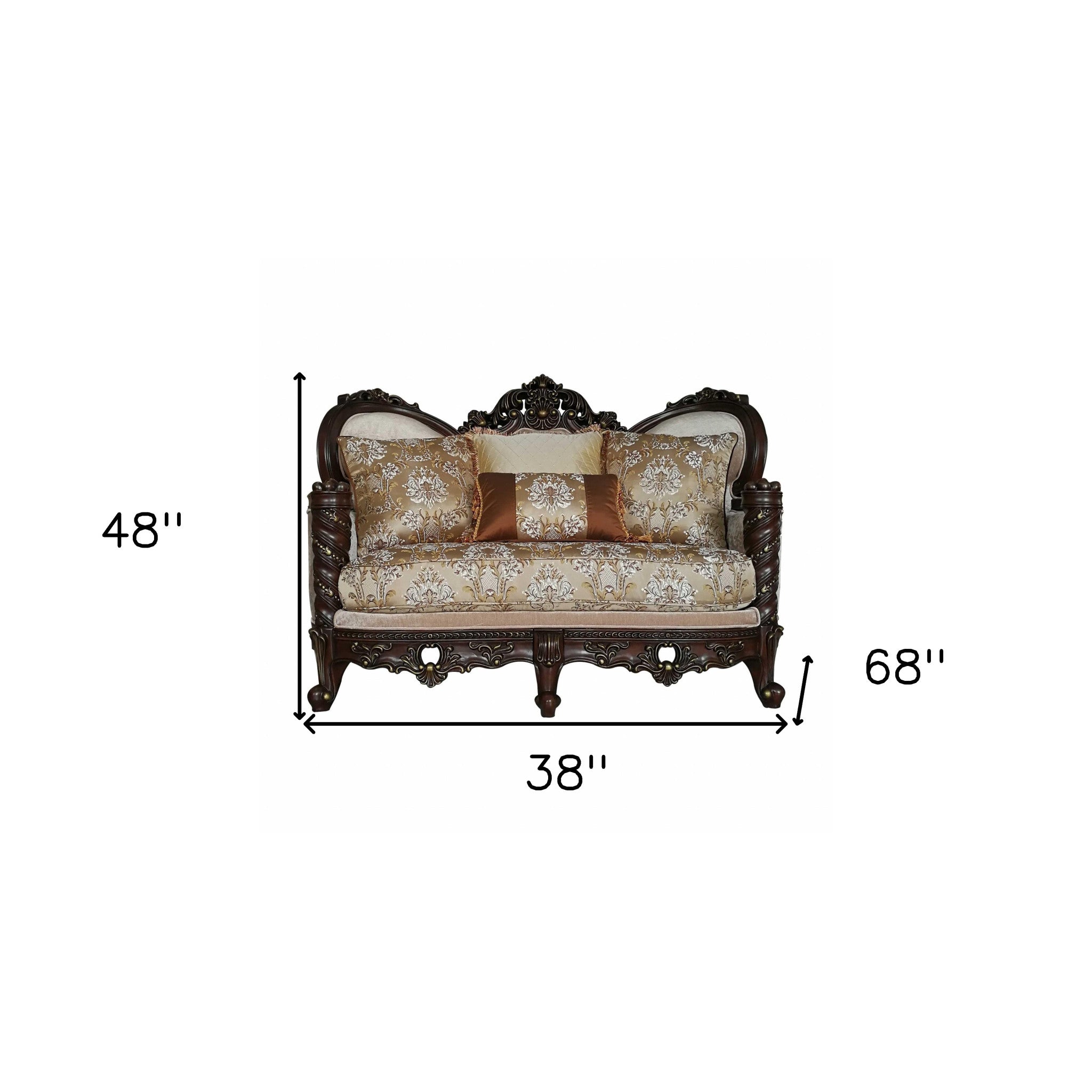 Elegant dark walnut upholstery loveseat with traditional design and four plush pillows, perfect for living room decor.