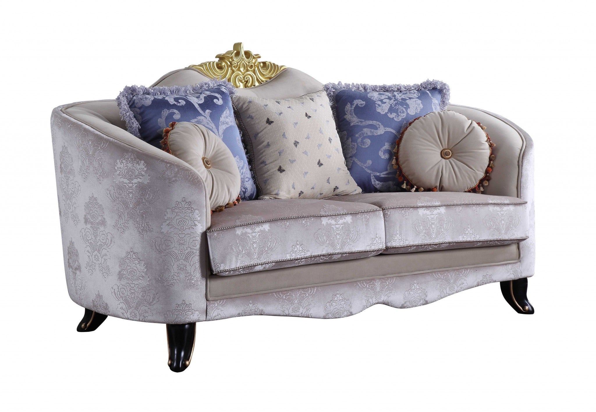 Cream fabric upholstery loveseat with five accent pillows, featuring a modern design with arched backrest and curved arms.