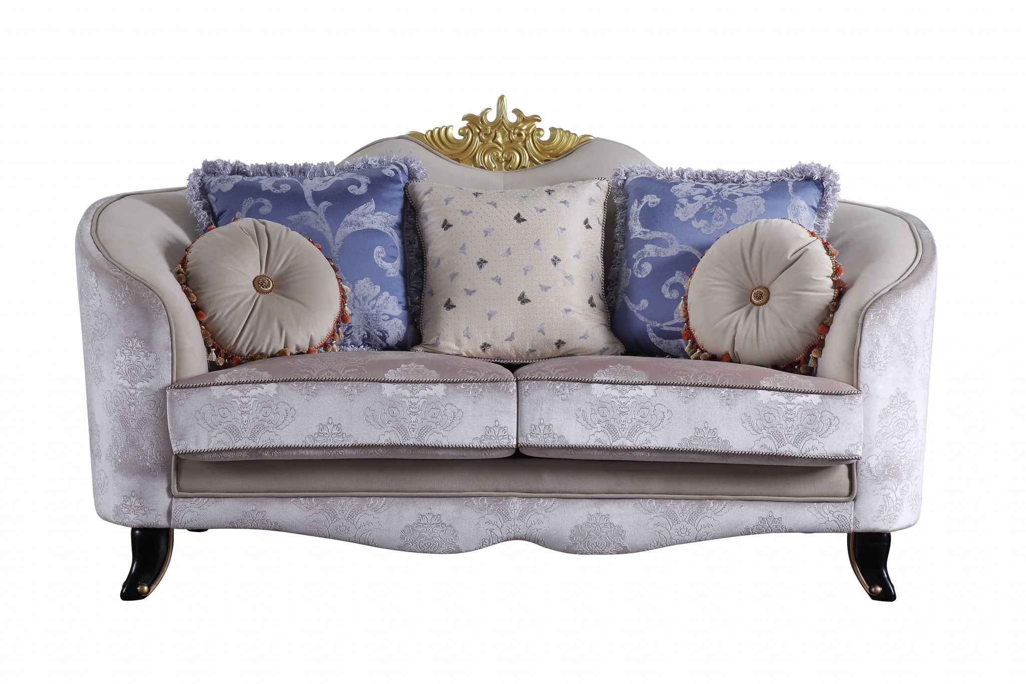 Cream fabric upholstery loveseat with five accent pillows, featuring a modern design with arched backrest and curved arms.