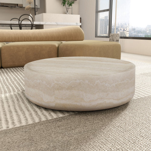 39.37'' round coffee table with faux travertine texture, perfect for modern living rooms and offices.