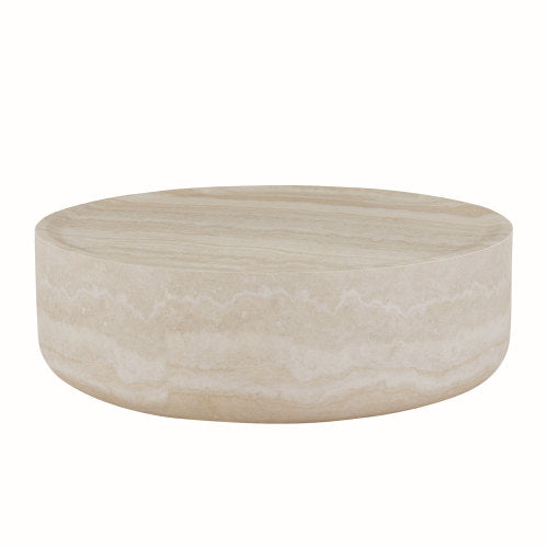 39.37'' round coffee table with faux travertine texture, perfect for modern living rooms and offices.