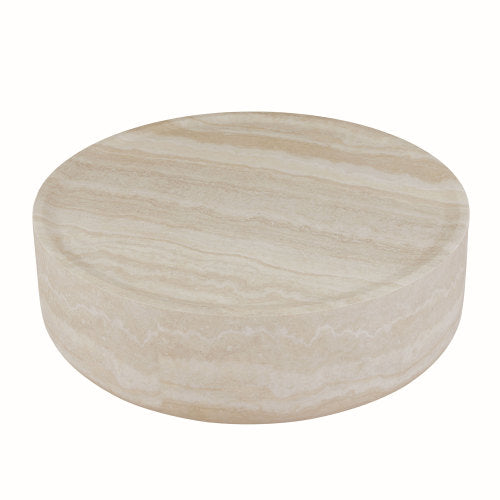 39.37'' round coffee table with faux travertine texture, perfect for modern living rooms and offices.