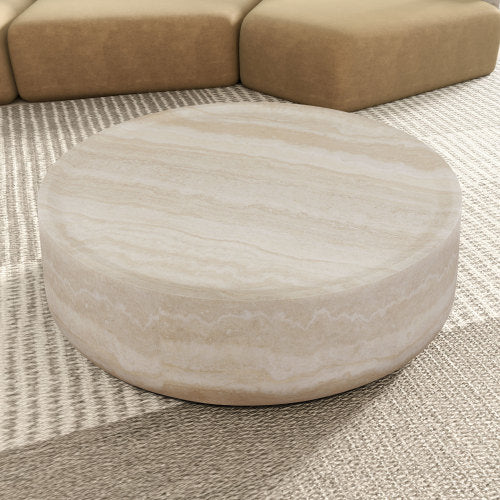 39.37'' round coffee table with faux travertine texture, perfect for modern living rooms and offices.