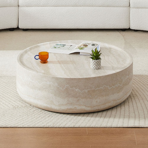 39.37'' round coffee table with faux travertine texture, perfect for modern living rooms and offices.