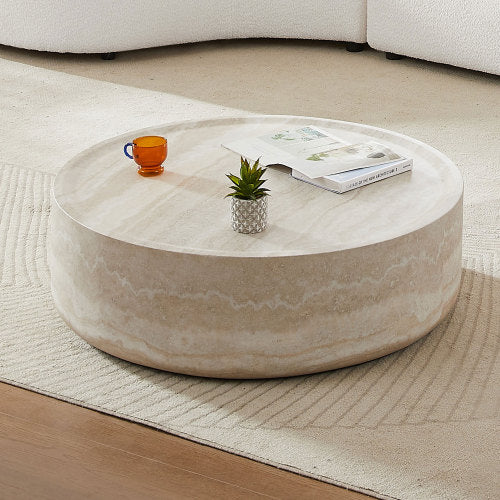 39.37'' round coffee table with faux travertine texture, perfect for modern living rooms and offices.