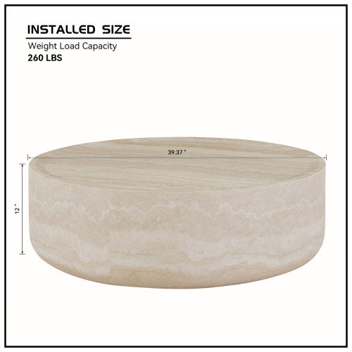 39.37'' round coffee table with faux travertine texture, perfect for modern living rooms and offices.