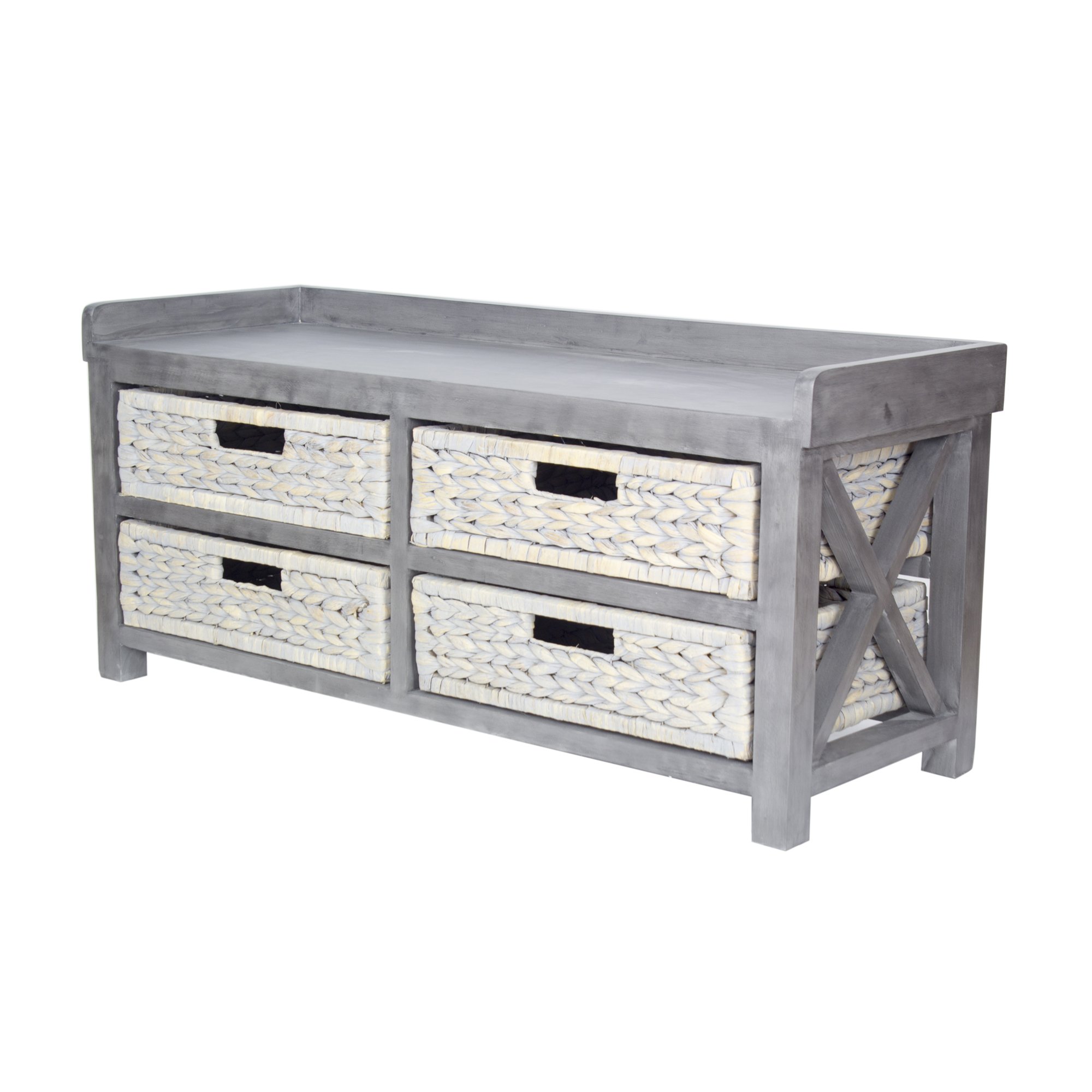 Grey MDF storage bench with four woven water hyacinth baskets, showcasing contemporary design and durable bamboo construction.