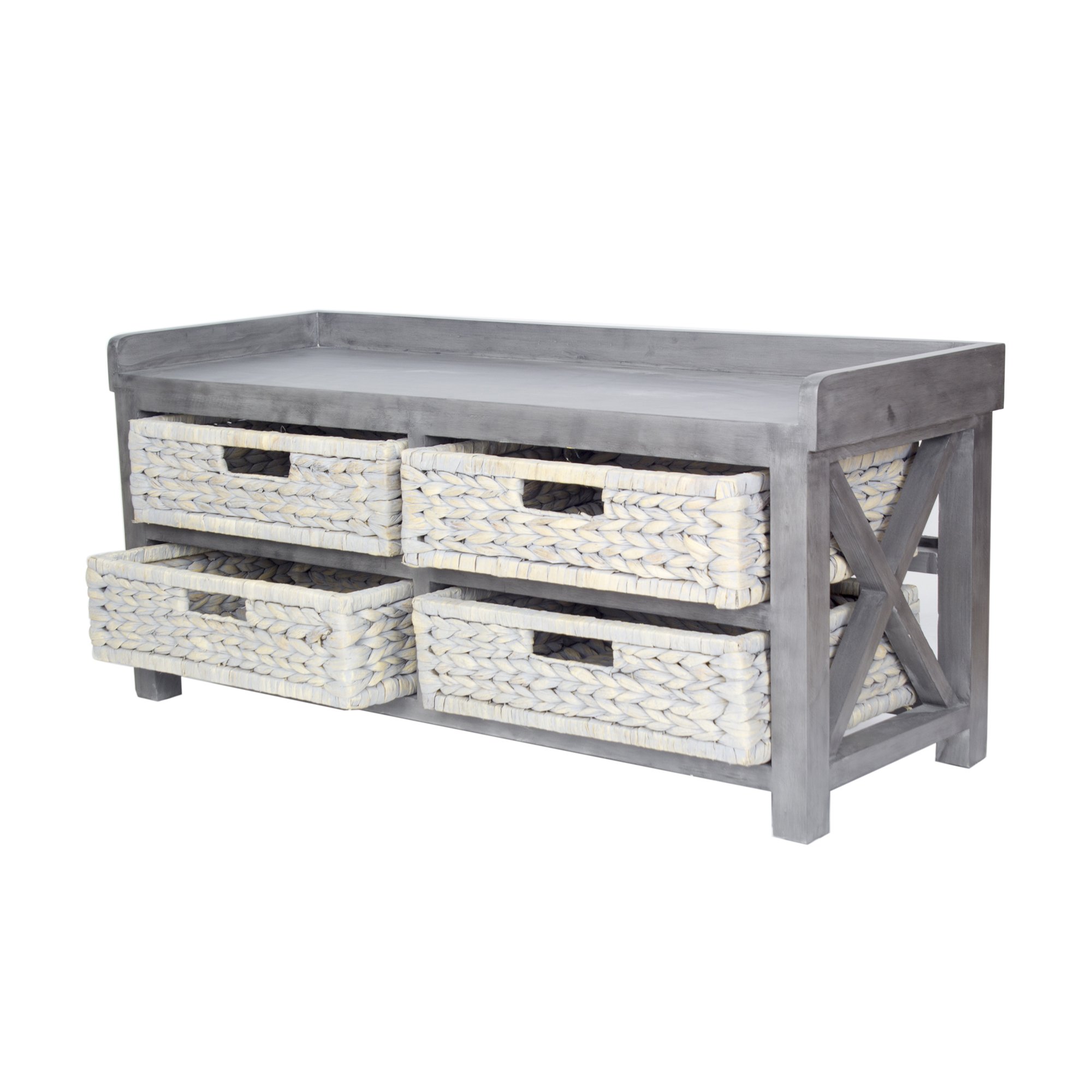 Grey MDF storage bench with four woven water hyacinth baskets, showcasing contemporary design and durable bamboo construction.