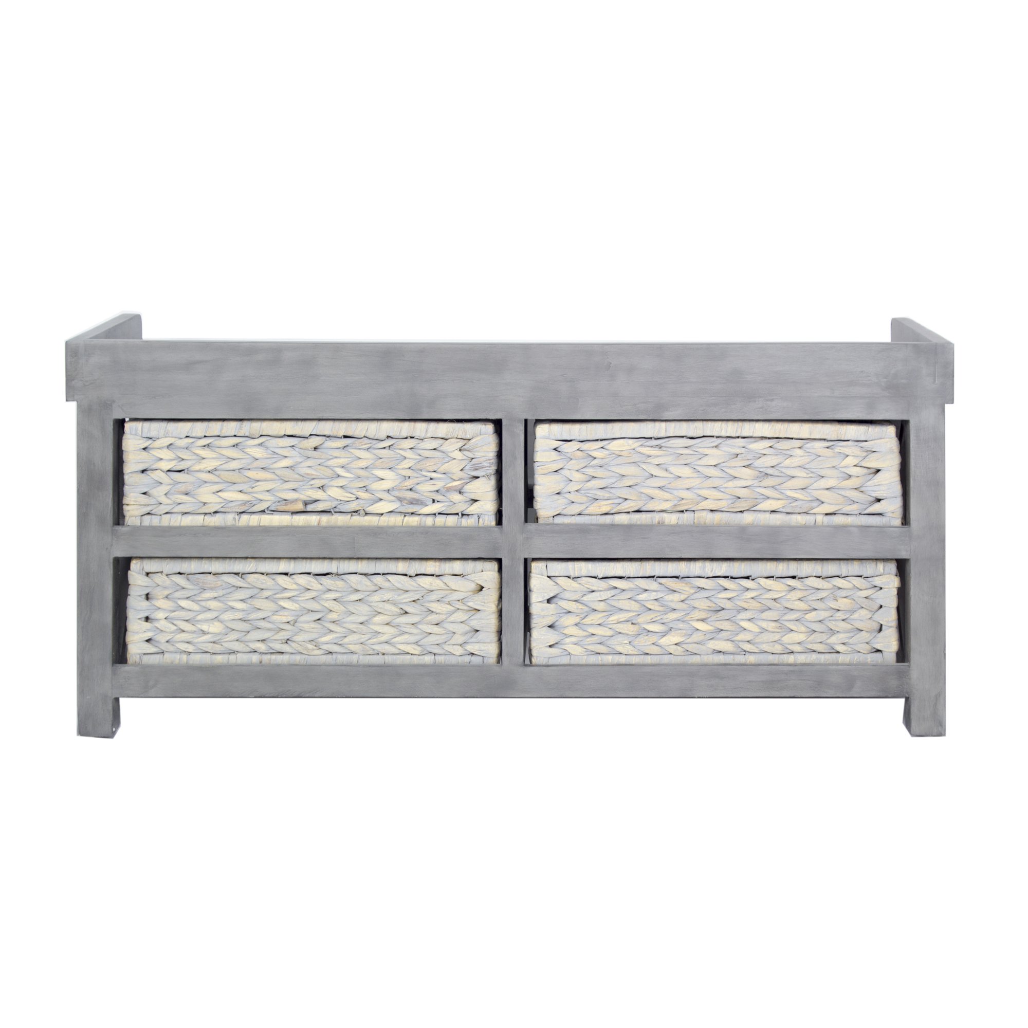 Grey MDF storage bench with four woven water hyacinth baskets, showcasing contemporary design and durable bamboo construction.