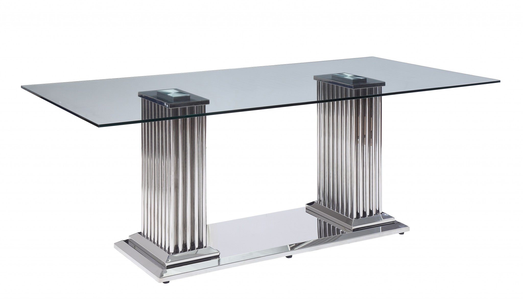 39x79 inches stainless steel clear glass mirror dining table with a rectangular shape and double pedestal base, elegantly designed for modern dining rooms.