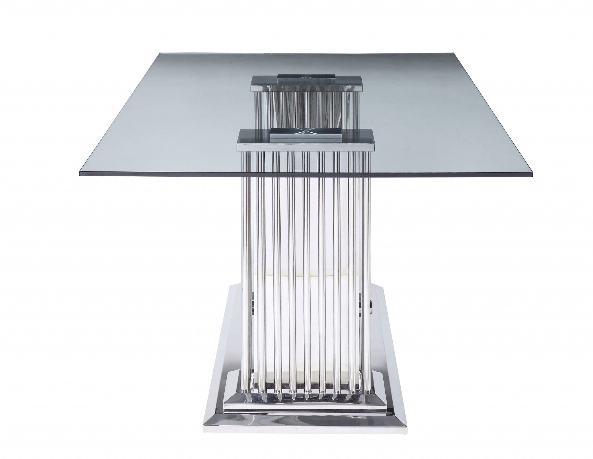 39x79 inches stainless steel clear glass mirror dining table with a rectangular shape and double pedestal base, elegantly designed for modern dining rooms.