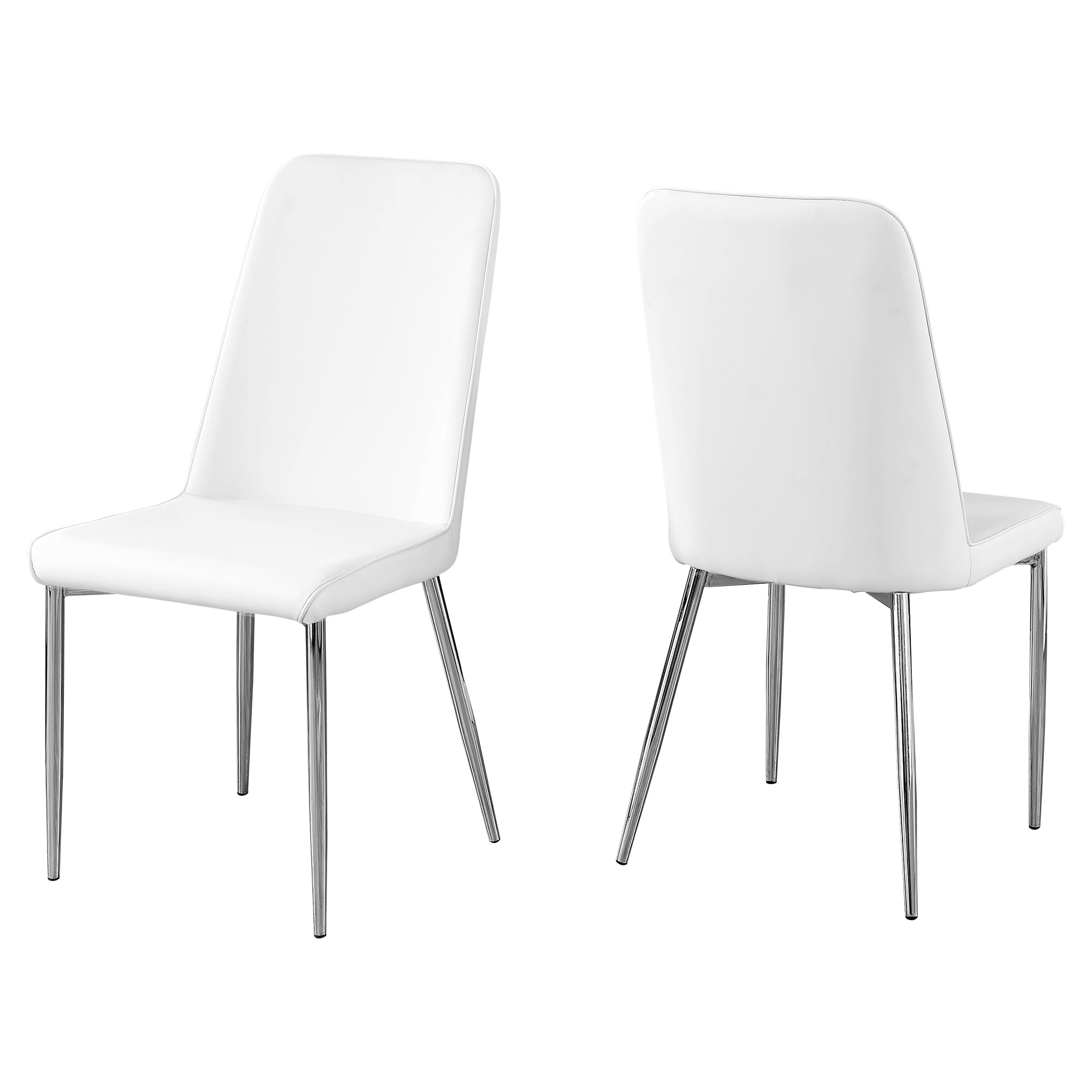 A pair of elegant white leather look dining chairs made from foam and metal, showcasing a classic design suitable for any dining room.