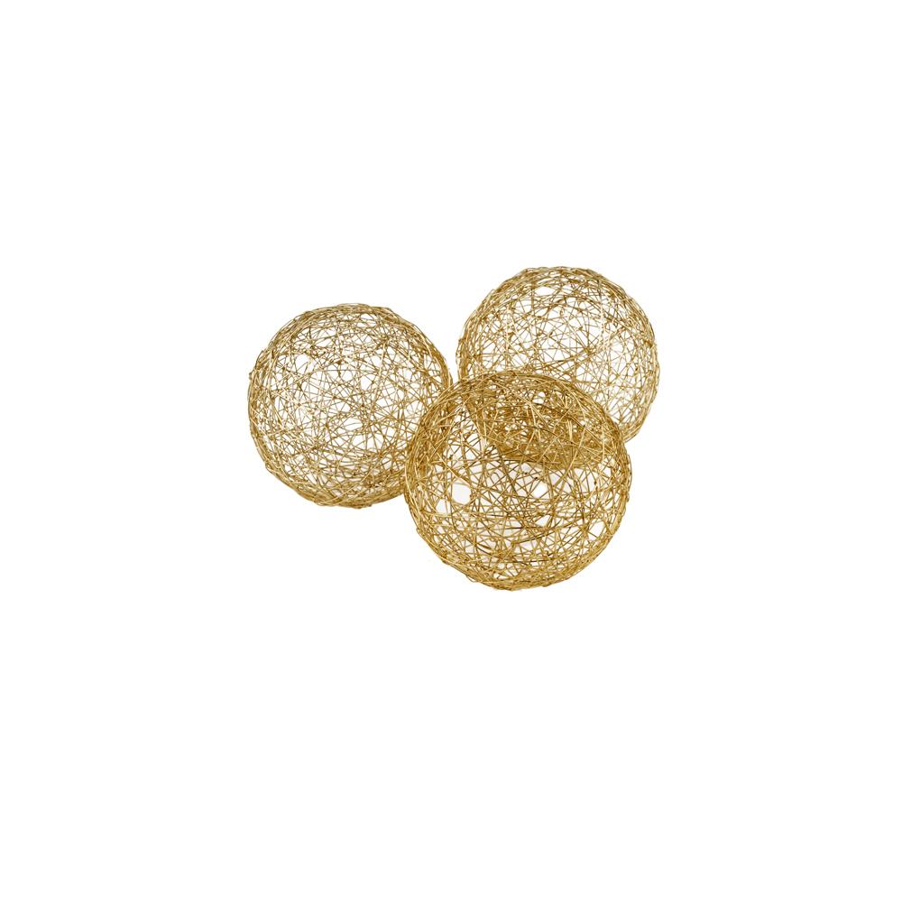 Set of three gold iron wire spheres, each measuring 3 inches, showcasing a stylish and elegant design for home decor.