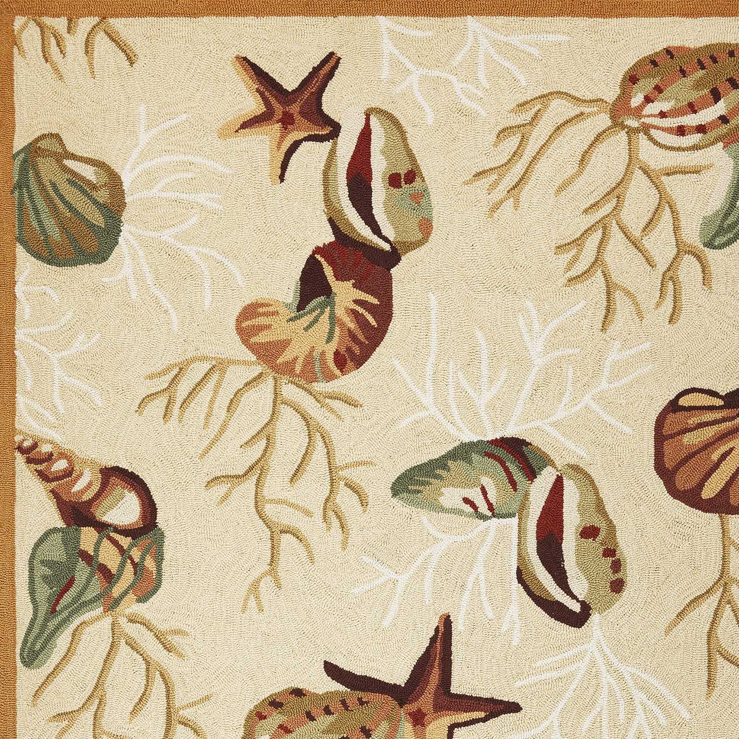 A beautifully designed beige area rug featuring corals and shells, perfect for enhancing home decor.