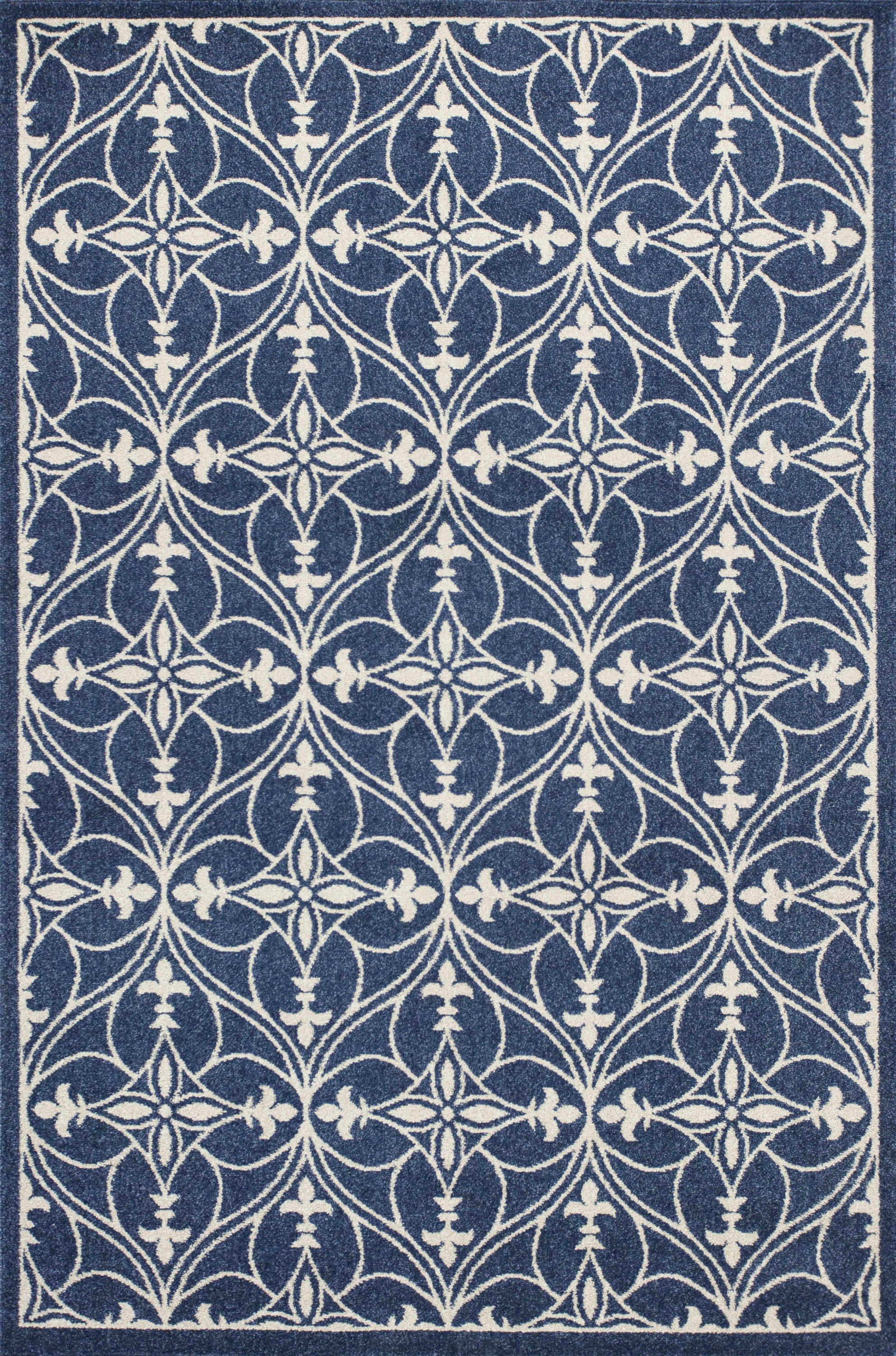 3x5 denim blue area rug made of UV treated polypropylene, showcasing elegant patterns and a soft texture.