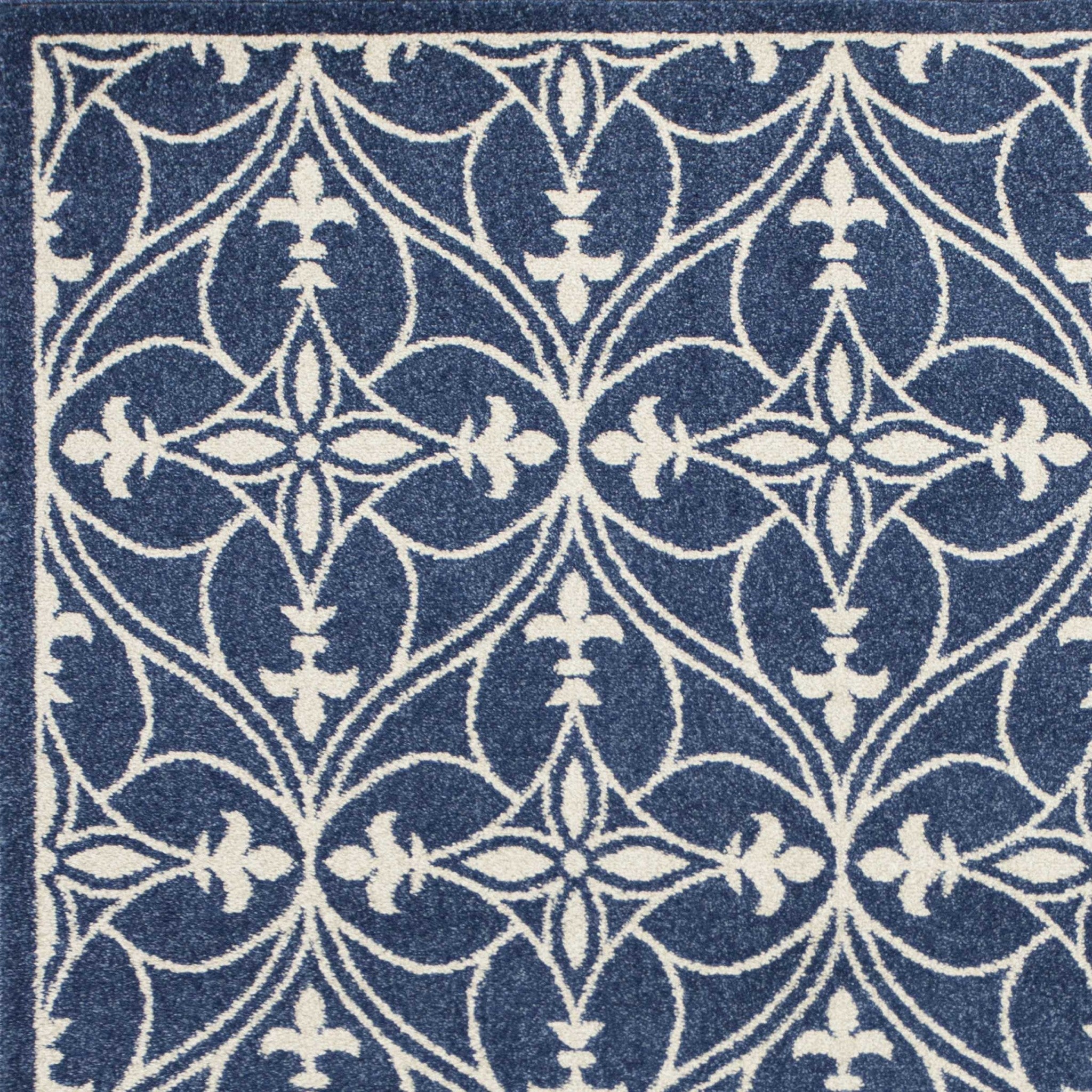 3x5 denim blue area rug made of UV treated polypropylene, showcasing elegant patterns and a soft texture.