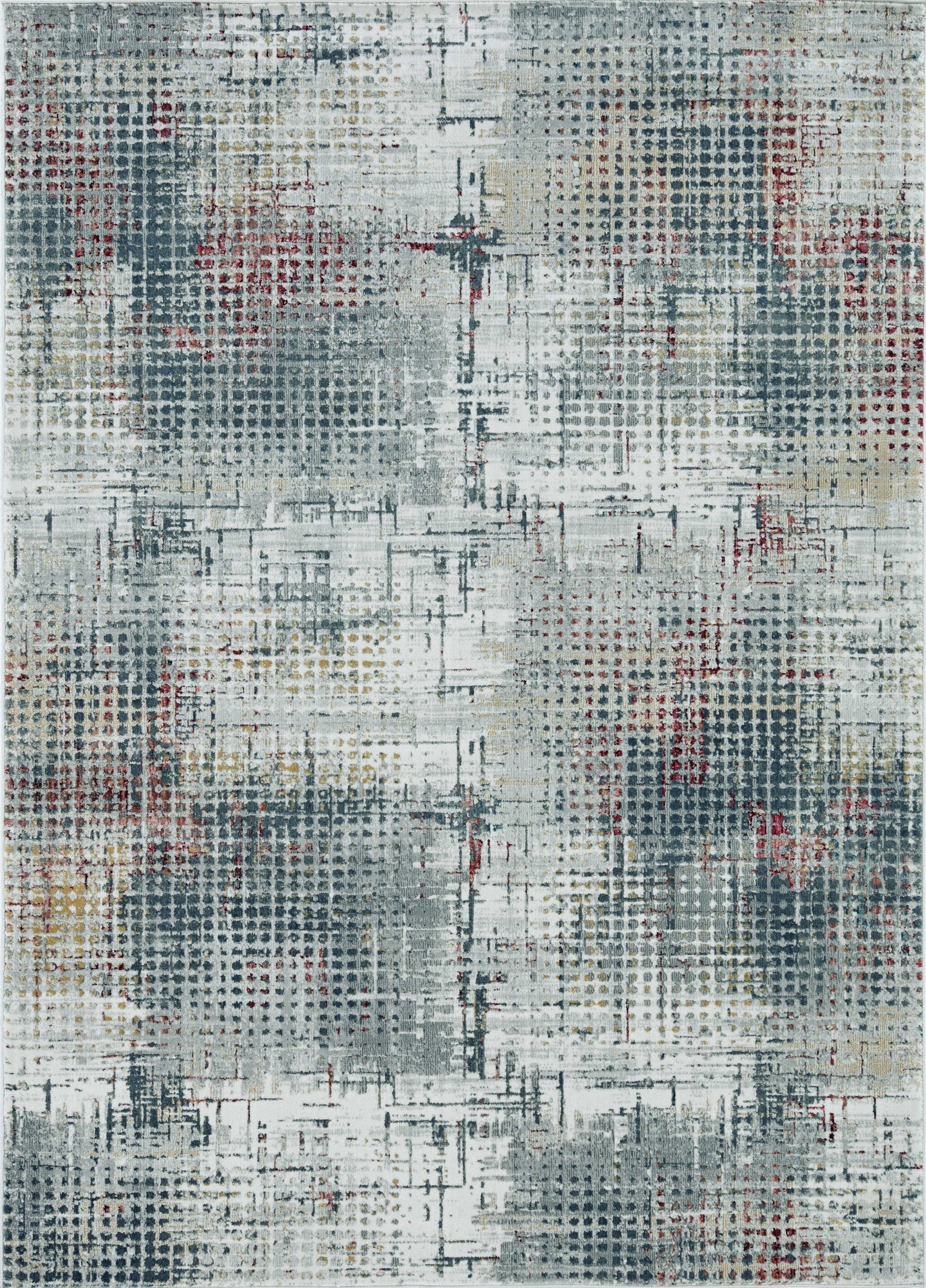 A stylish 3x5 inches grey and brick polypropylene and polyester rug featuring an abstract traditional design with metallic accents.