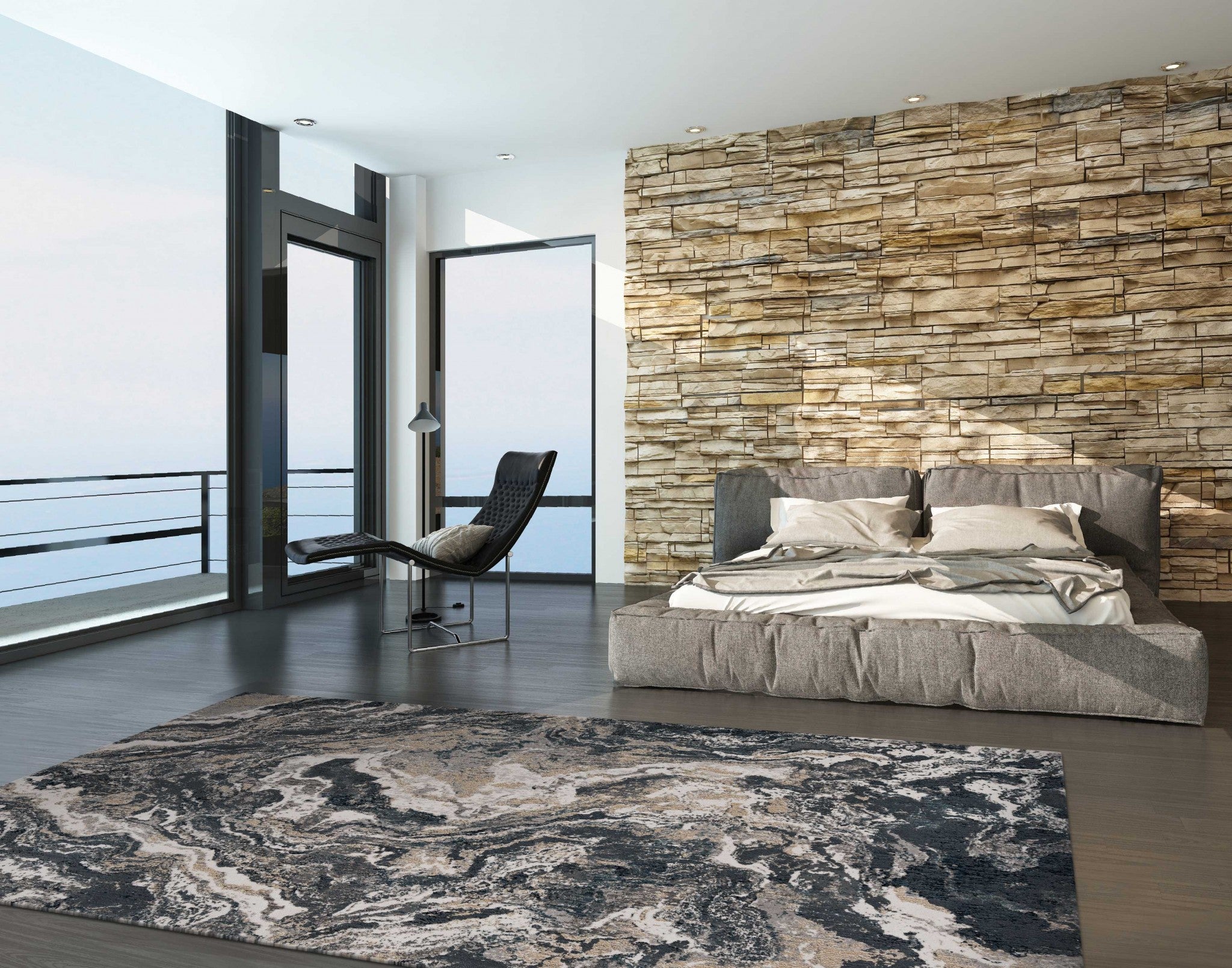 3x5 inches grey polypropylene and polyester rug with abstract design and metallic accents, perfect for living rooms.