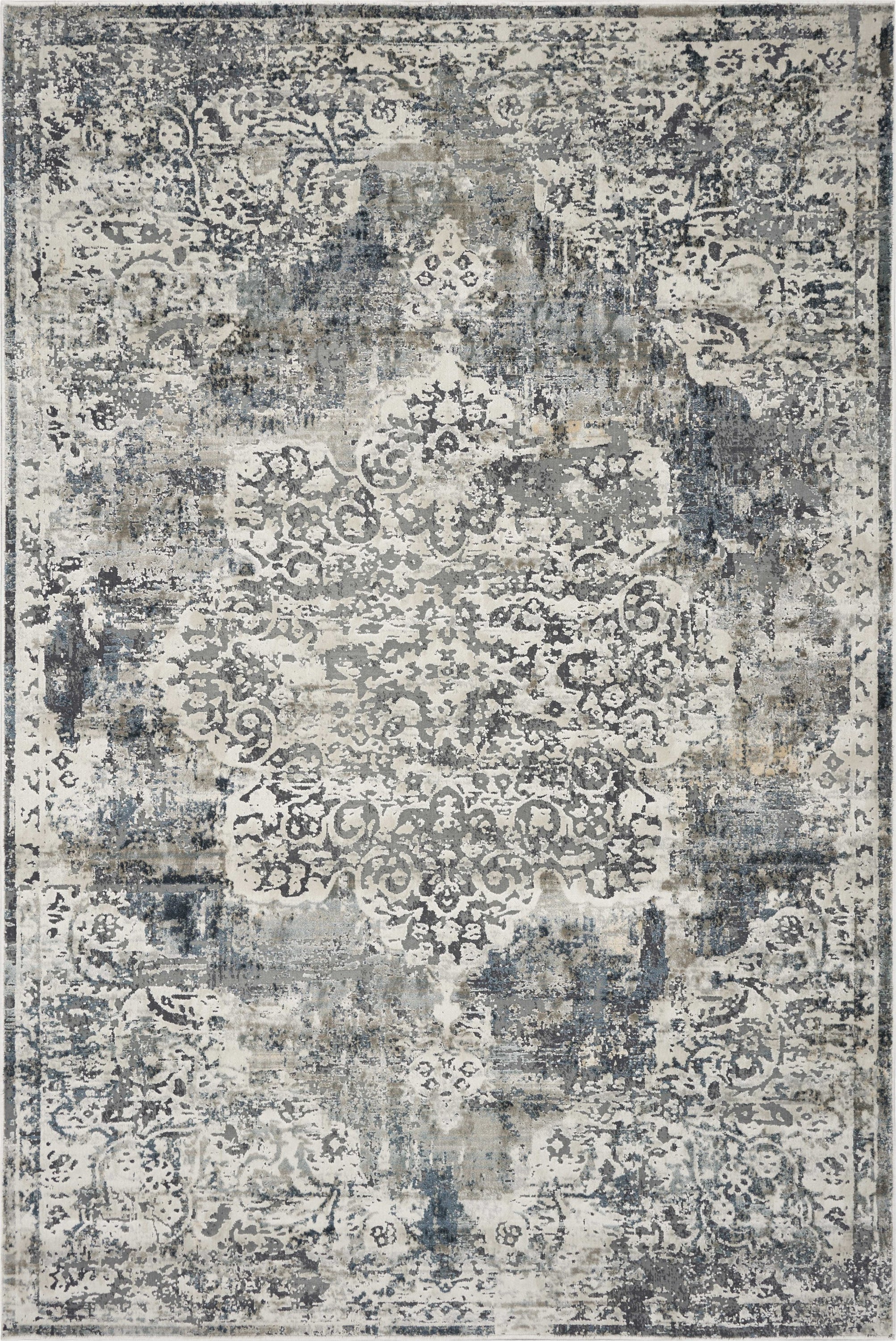 3 inches x 5 inches Ivory Medallion Area Rug featuring a contemporary design with ivory and teal colors, perfect for home decor.