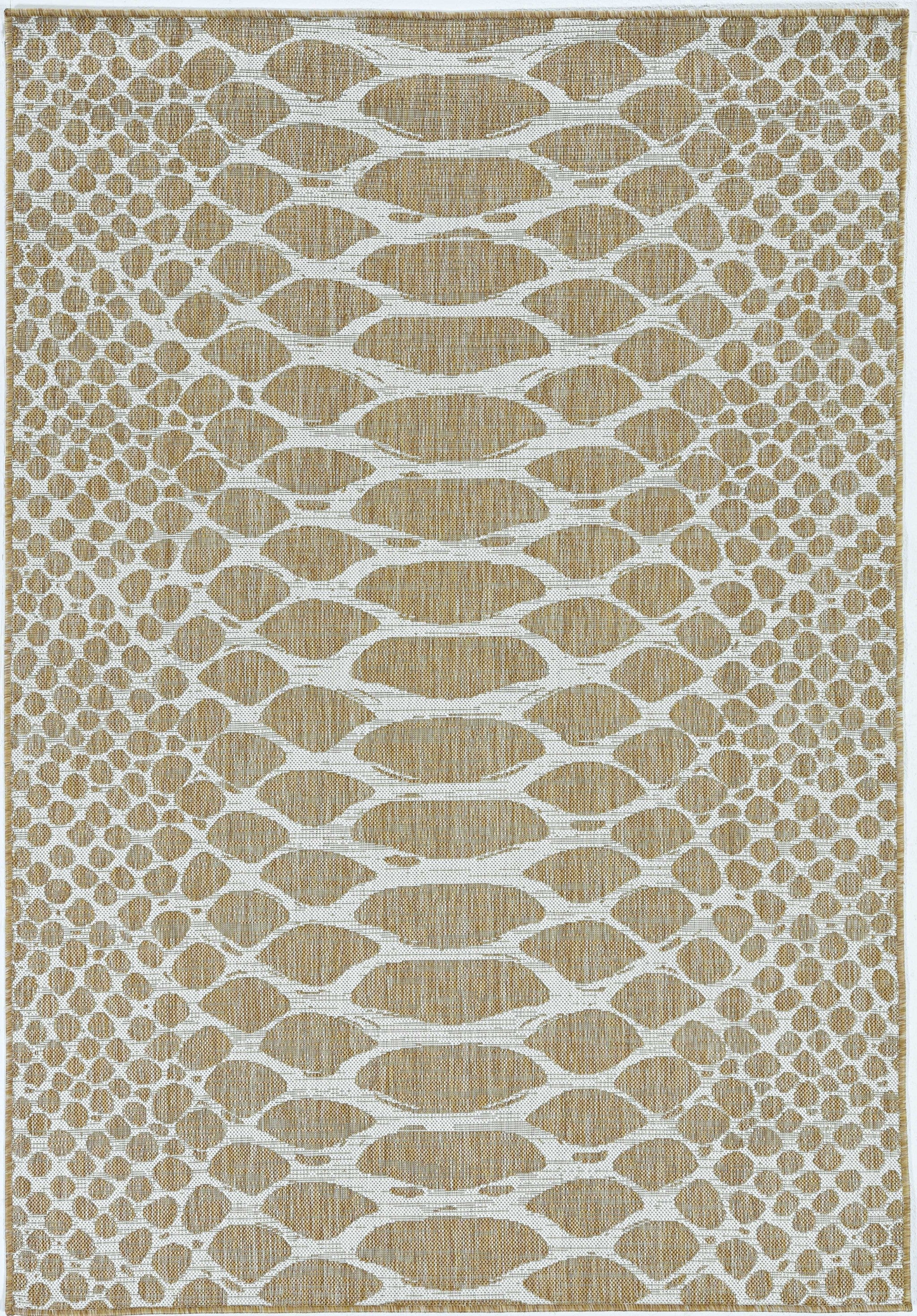 Ivory machine woven rug featuring a trendy snake print design, suitable for indoor and outdoor use, showcasing its textured surface.