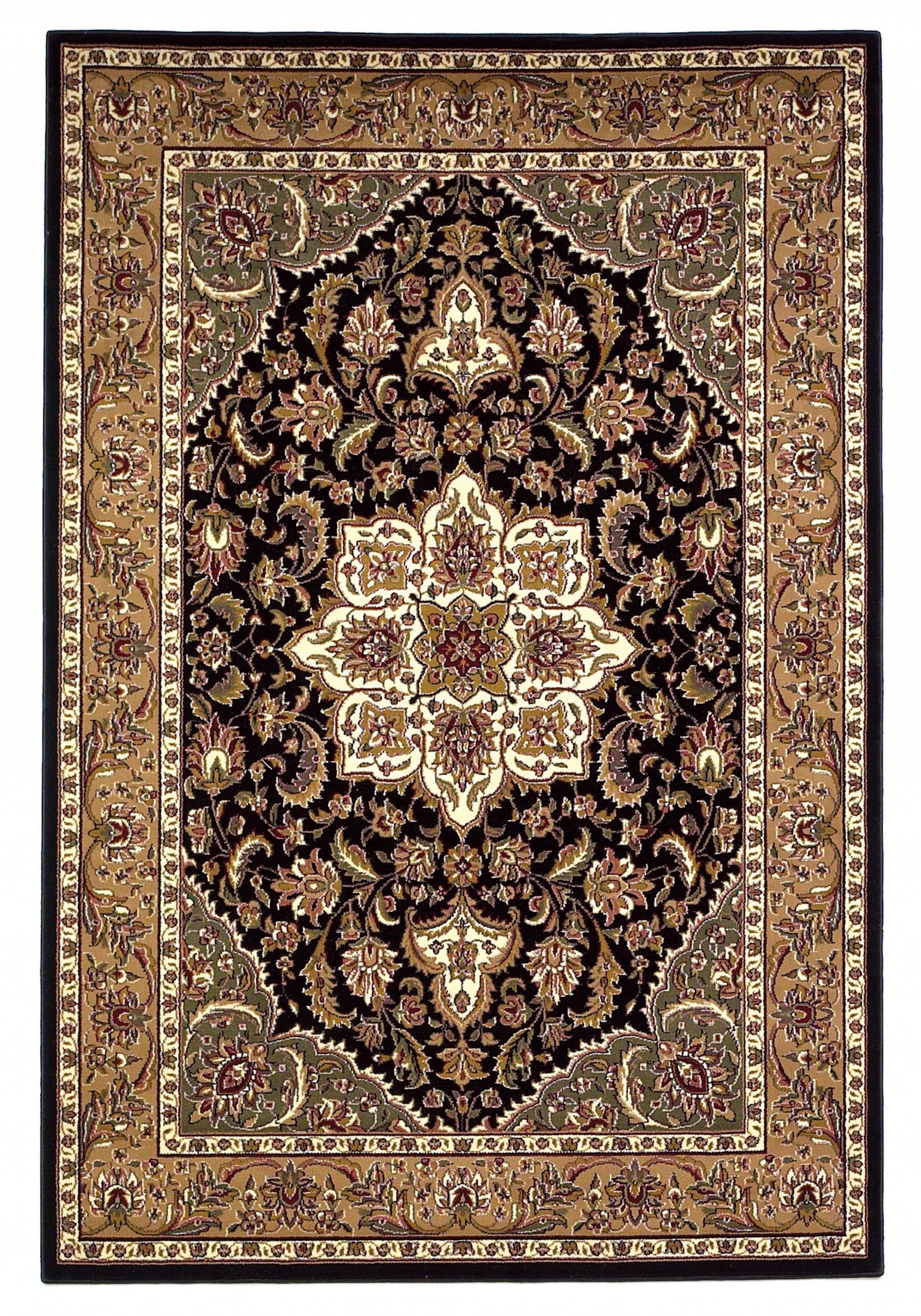 3 inches x 5 inches black and beige machine woven floral medallion indoor area rug, showcasing intricate floral patterns and a stylish design.