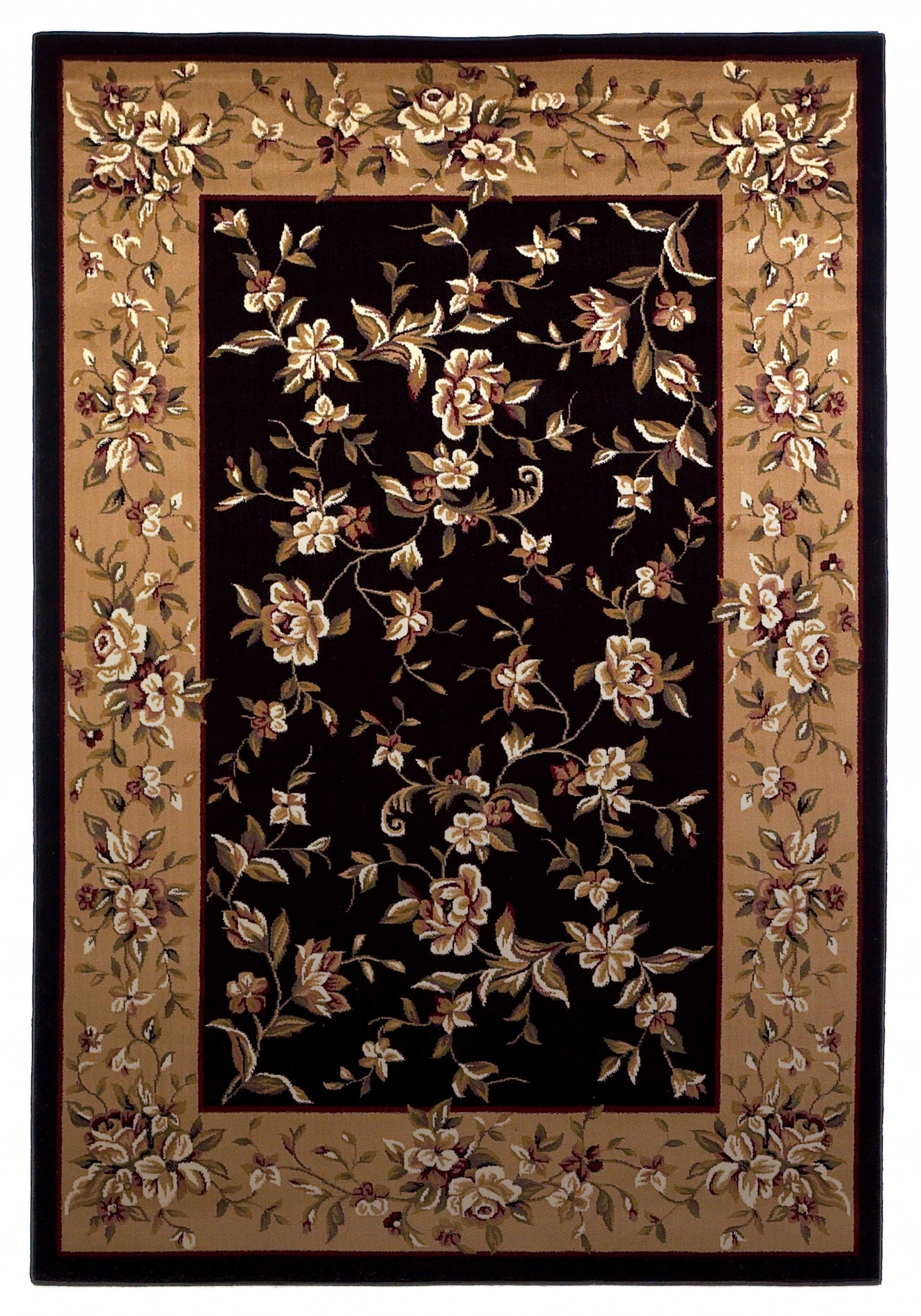 3x5 inches black and beige machine woven floral vines indoor area rug, showcasing intricate floral patterns and a modern design.