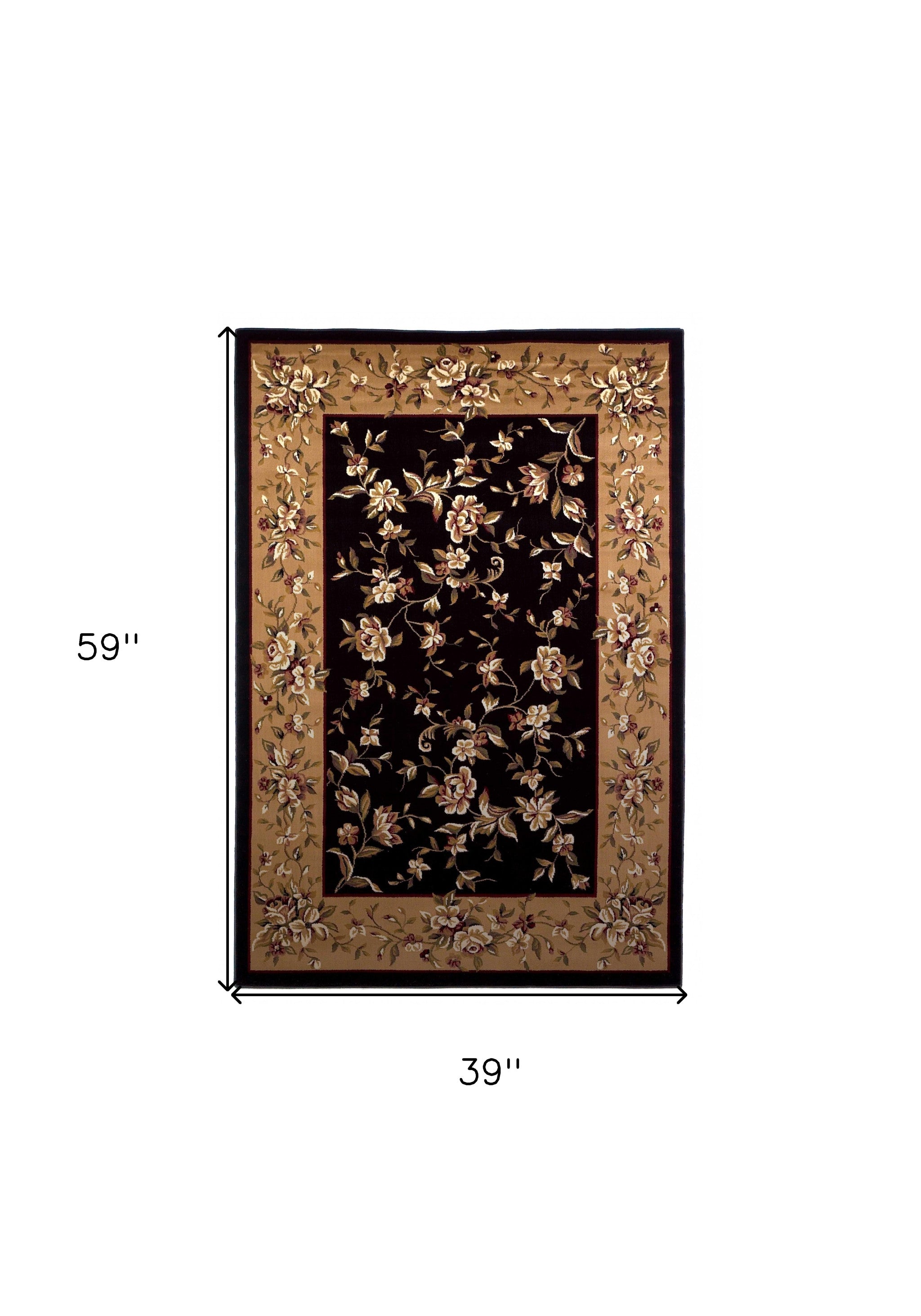 3x5 inches black and beige machine woven floral vines indoor area rug, showcasing intricate floral patterns and a modern design.