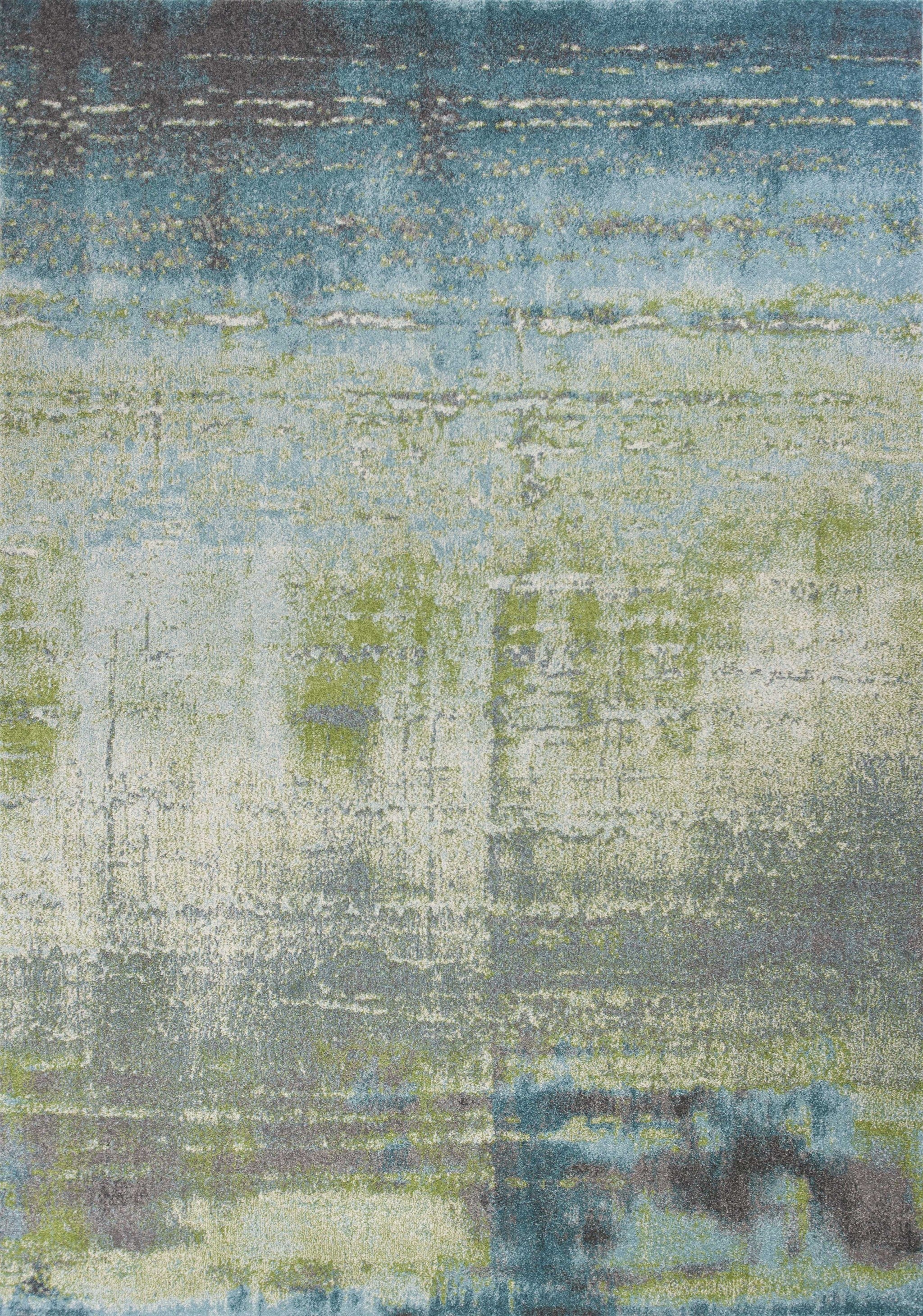 A vibrant blue-green abstract brushstroke indoor rug, showcasing a modern watercolor design, perfect for enhancing home decor.