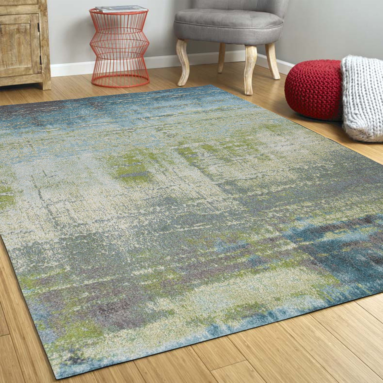 A vibrant blue-green abstract brushstroke indoor rug, showcasing a modern watercolor design, perfect for enhancing home decor.